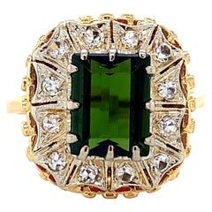 Midcentury Green Tourmaline Halo Bicolor Gold Vintage Ring, 18K