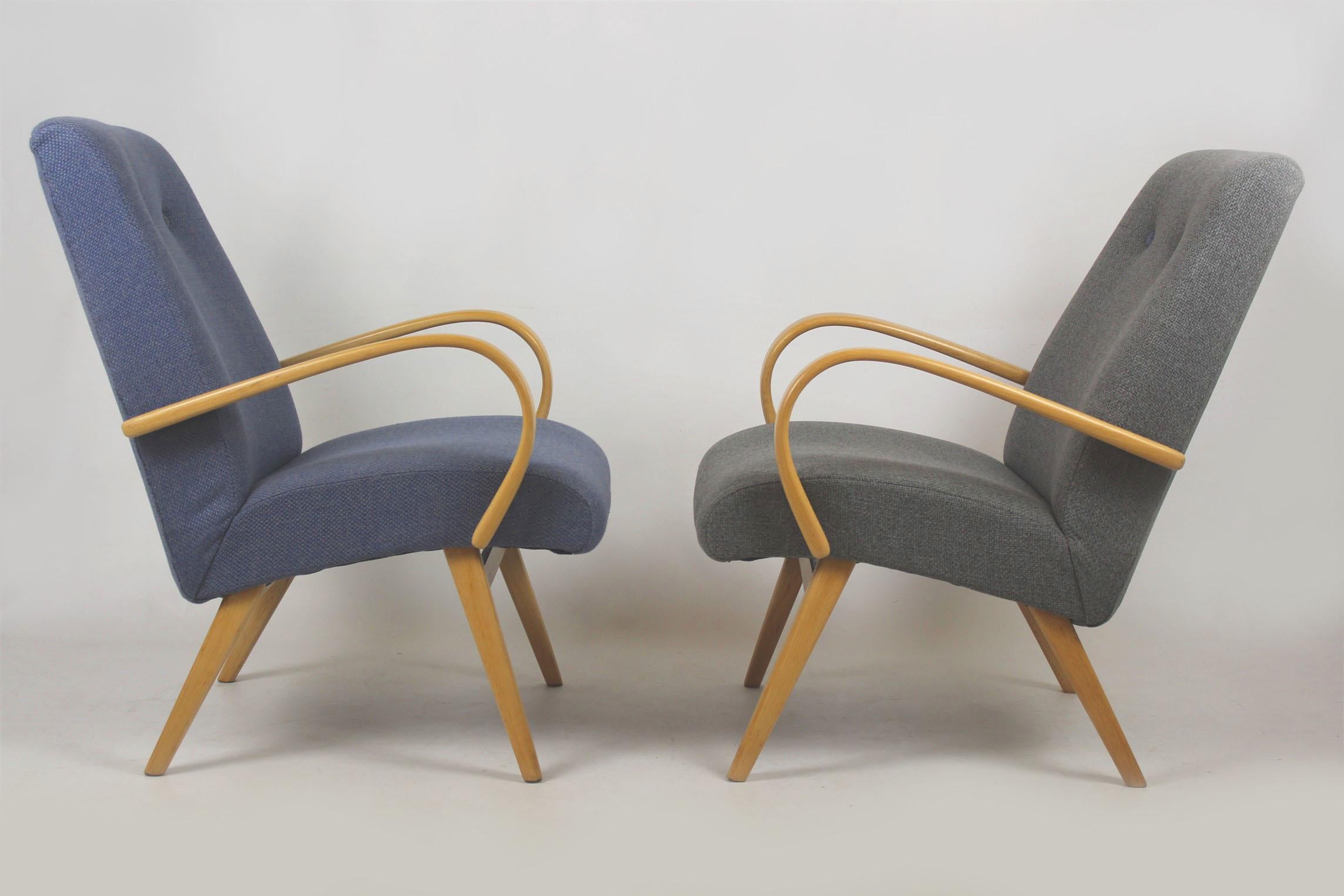 Czech Midcentury Grey and Blue Lounge Chairs, 1960s, Set of Two