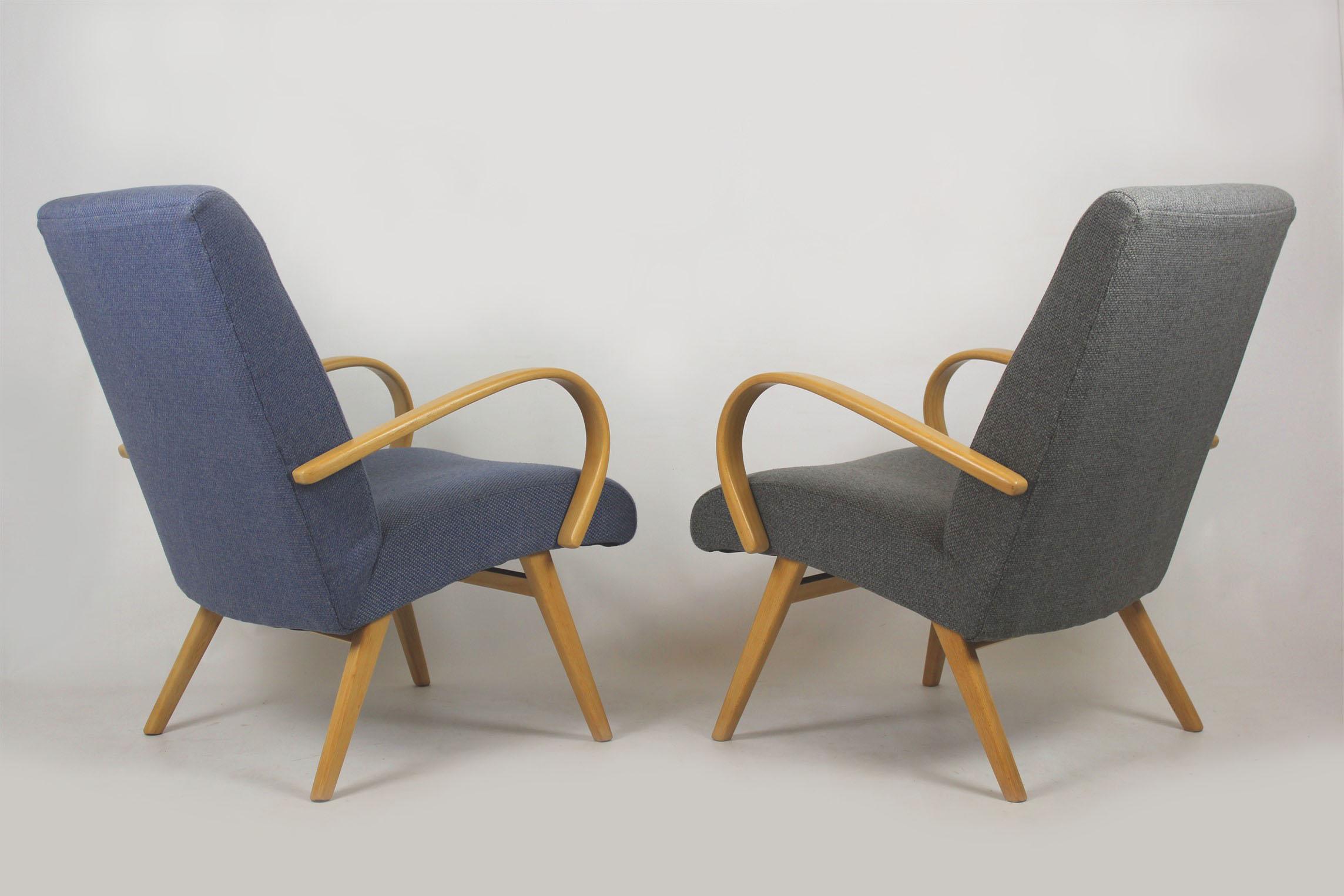 Upholstery Midcentury Grey and Blue Lounge Chairs, 1960s, Set of Two