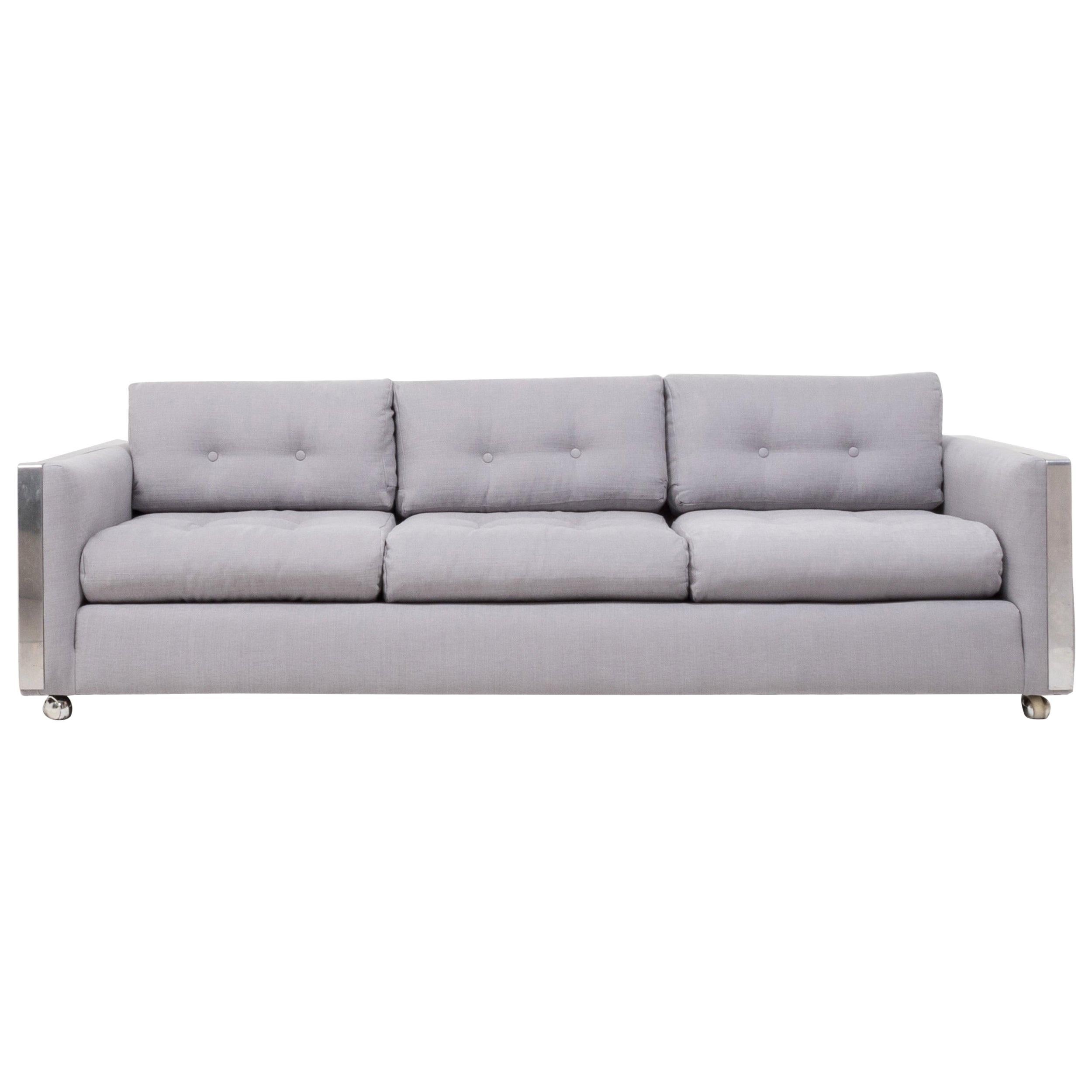 Midcentury Grey and Chrome Frame Three-Seat Sofa in the Style of Milo Baughman