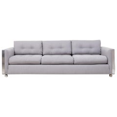 Midcentury Grey and Chrome Frame Three-Seat Sofa in the Style of Milo Baughman