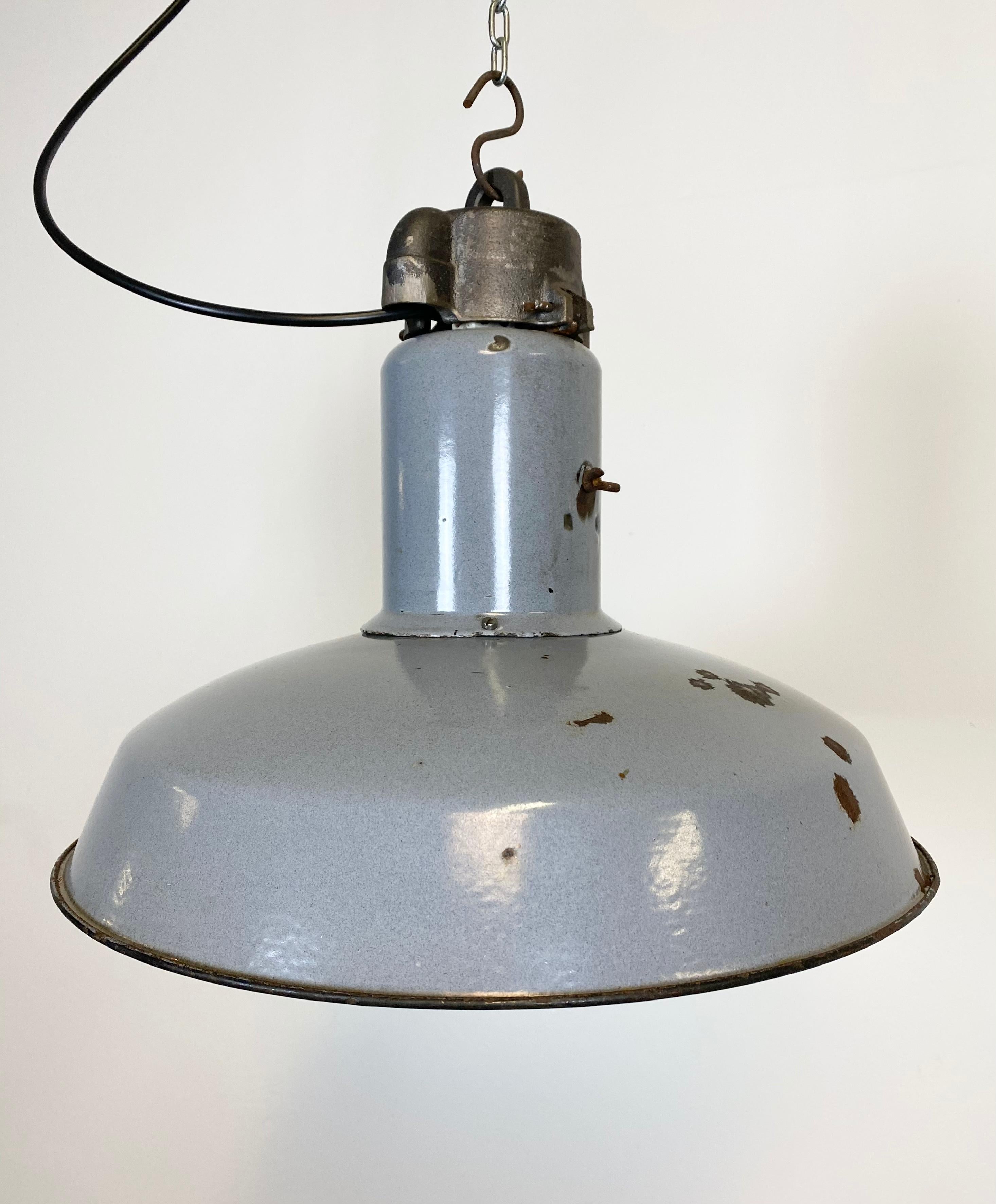 Czech Midcentury Grey Enamel Industrial Ceiling Lamp, 1950s For Sale