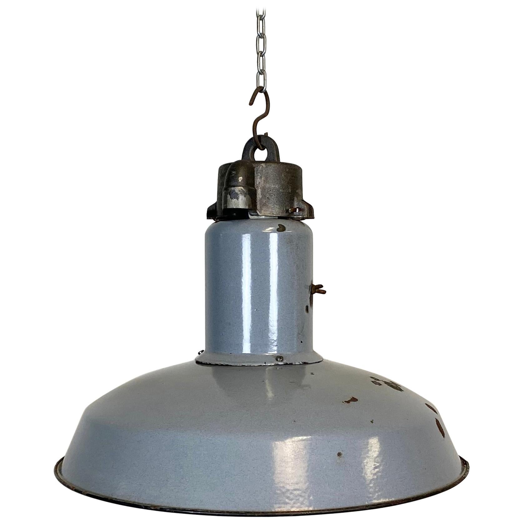 Midcentury Grey Enamel Industrial Ceiling Lamp, 1950s