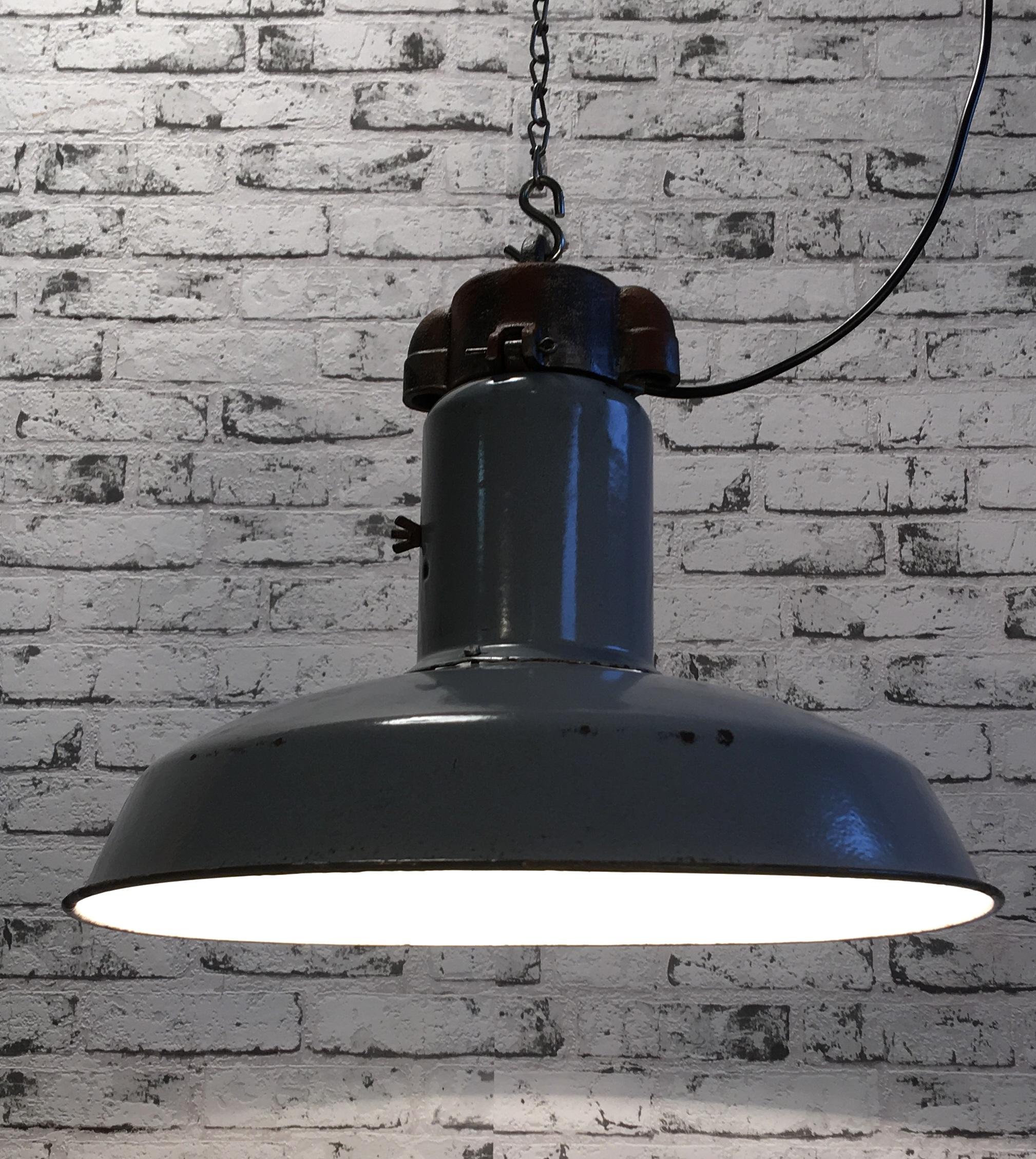 Midcentury Grey Industrial Ceiling Lamp, 1950s In Good Condition In Kojetice, CZ
