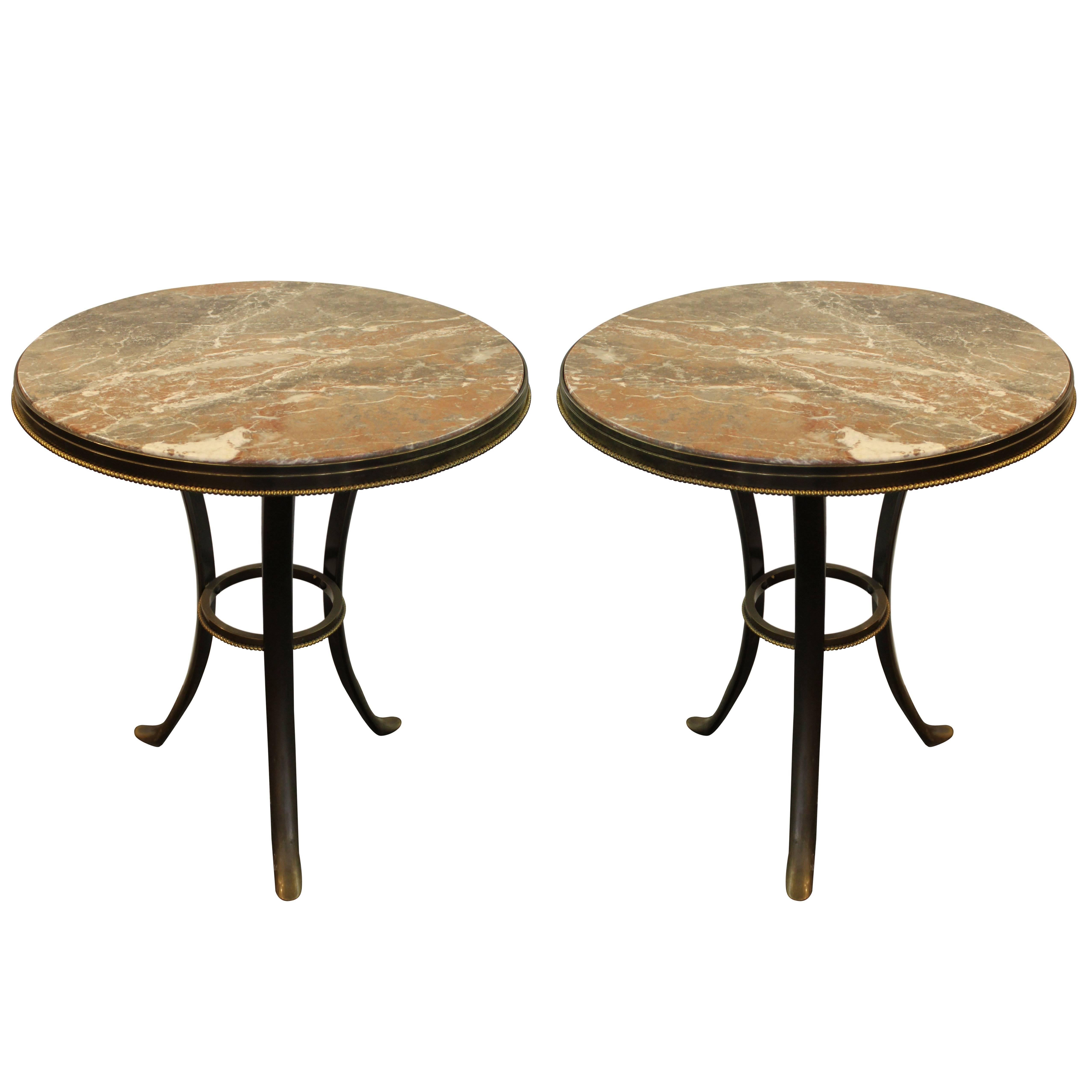 Midcentury Gueridon Tables in Patinated Bronze with Marble Top