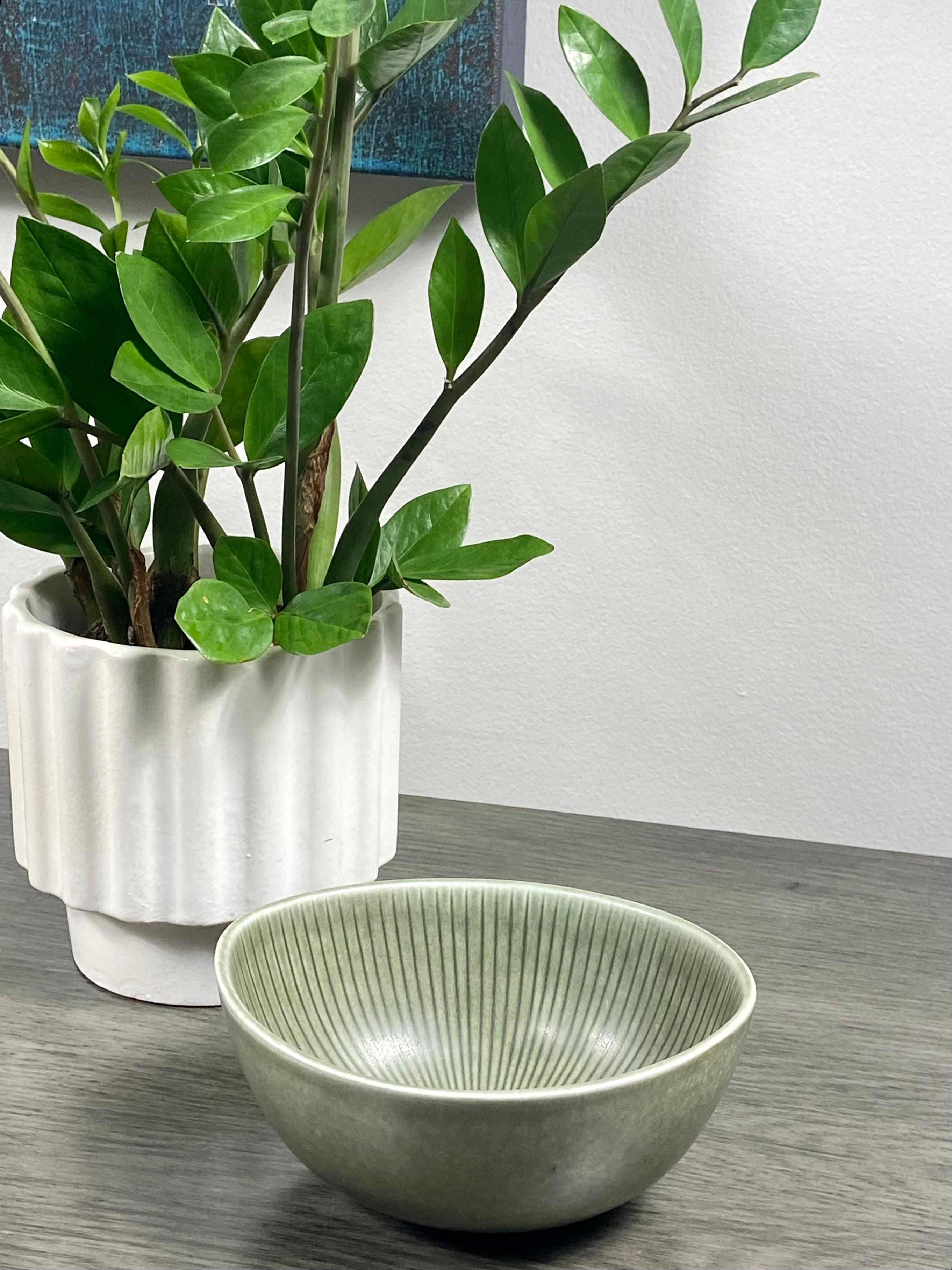 A light sage glazed Midcentury bowl by Gunnar Nylund for Rorstrand. This bowl has a nicely incised interior with contrasting shades of green. It was made in the 50's by one of Sweden's premier Midcentury ceramists. It's part of the Ritzi collection