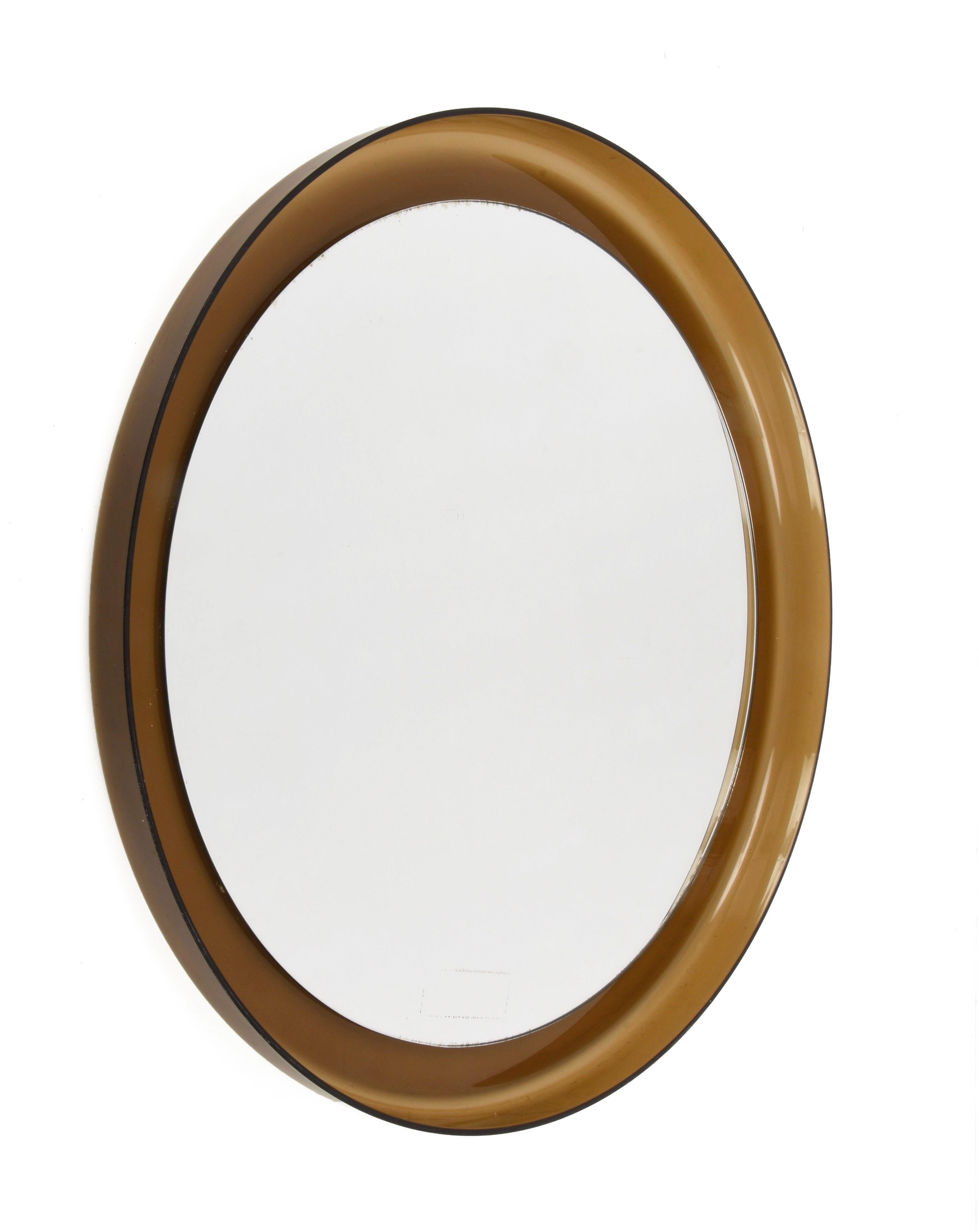 Midcentury Guzzini Italian Round Lucite Smoked Brown Wall Mirror, 1960s For Sale 6