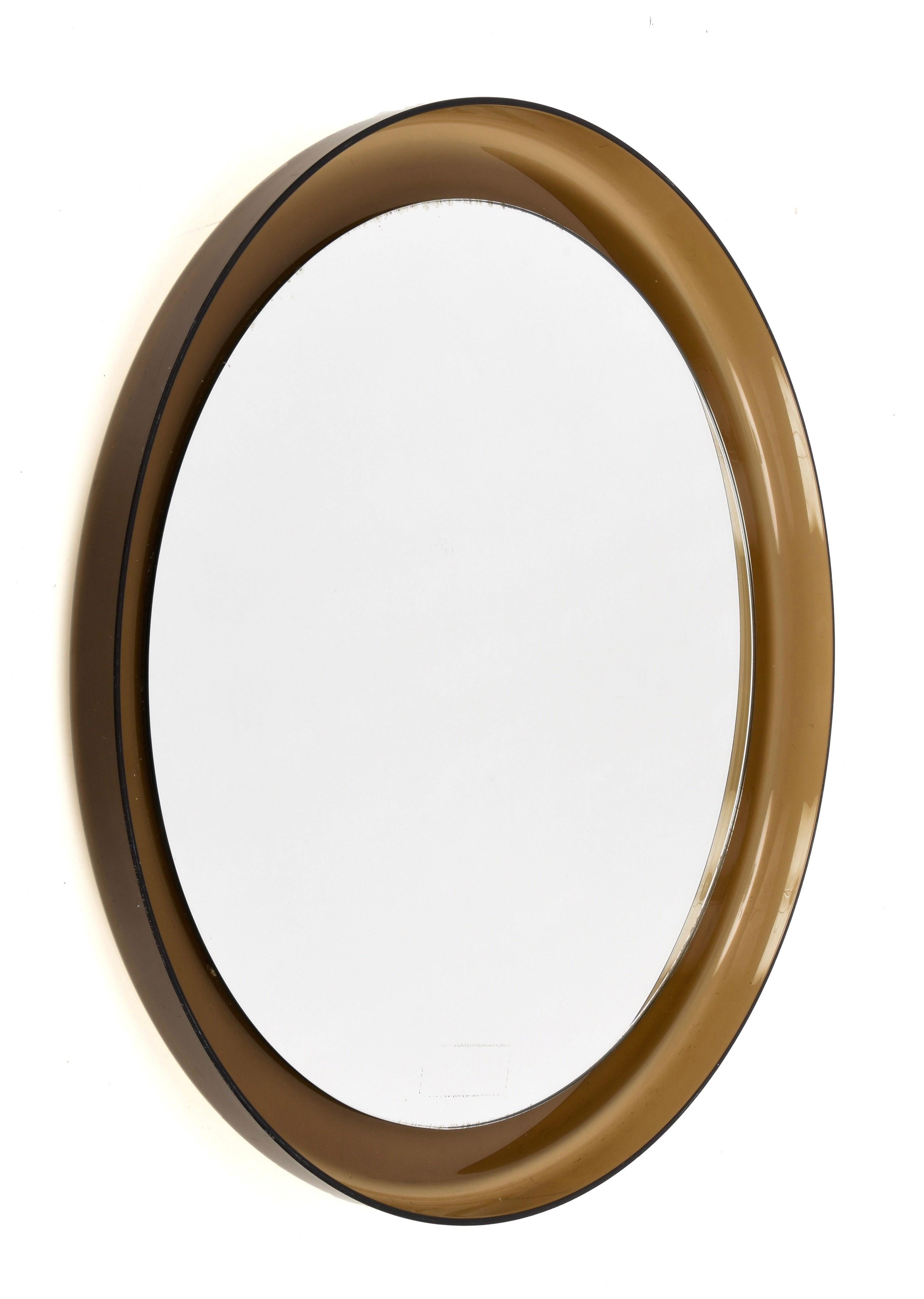 Mid-Century Modern Midcentury Guzzini Italian Round Lucite Smoked Brown Wall Mirror, 1960s For Sale