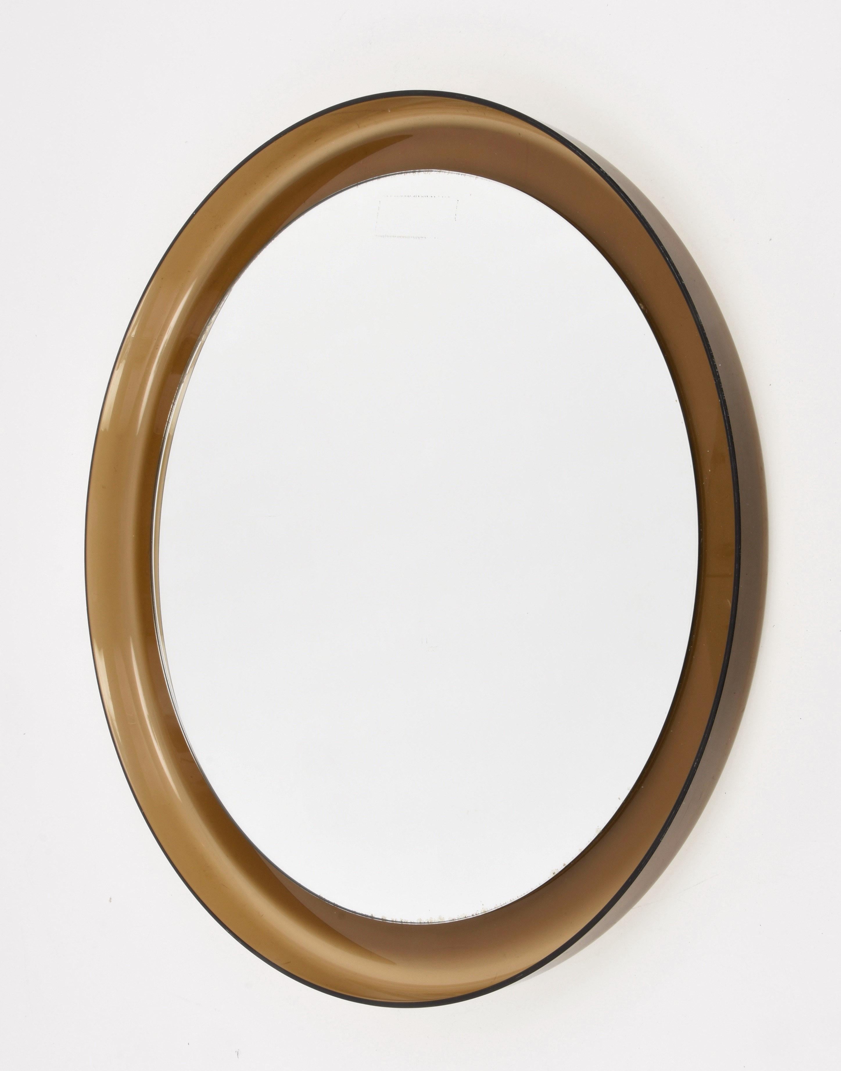 Mid-20th Century Midcentury Guzzini Italian Round Lucite Smoked Brown Wall Mirror, 1960s For Sale