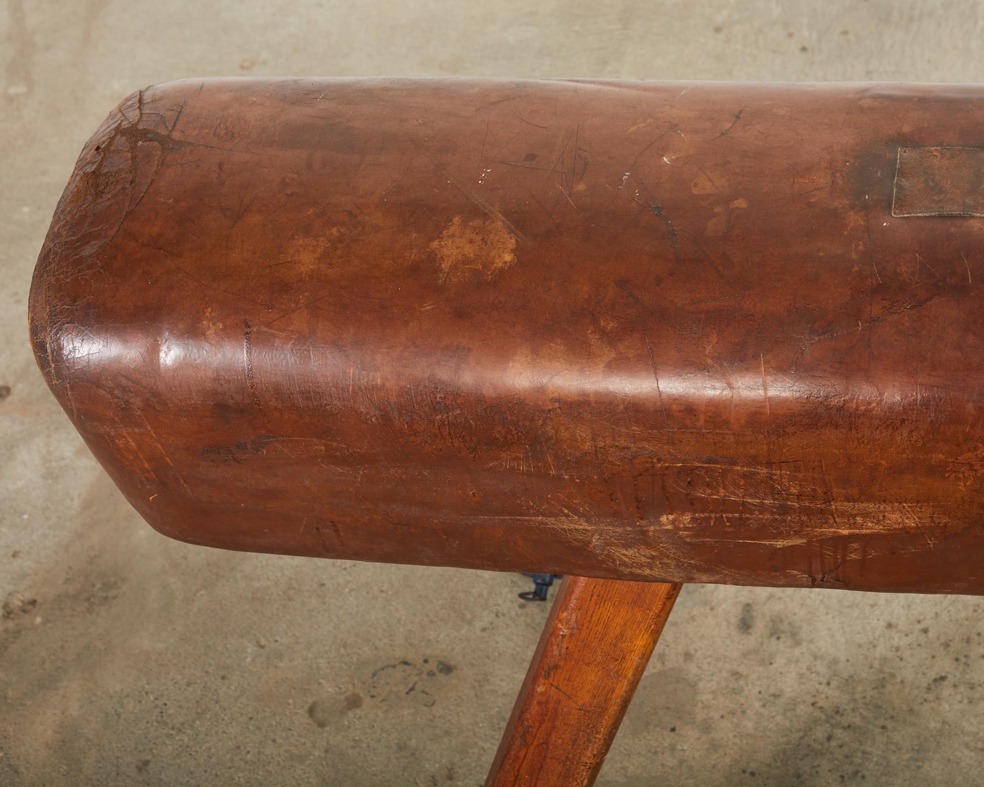 Midcentury Gymnastic Leather and Oak Pommel Horse Bench For Sale 2
