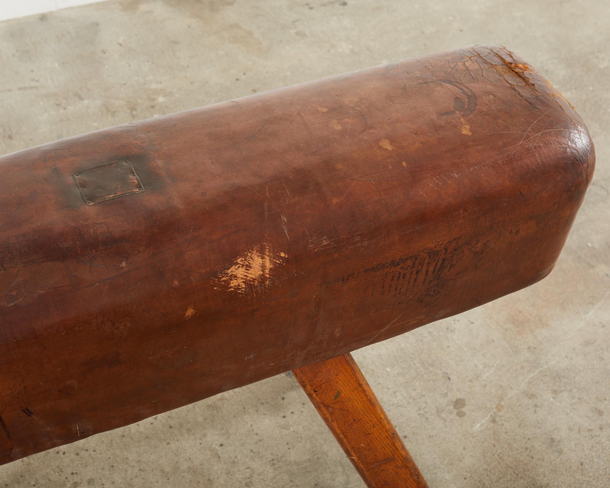 Midcentury Gymnastic Leather and Oak Pommel Horse Bench For Sale 3