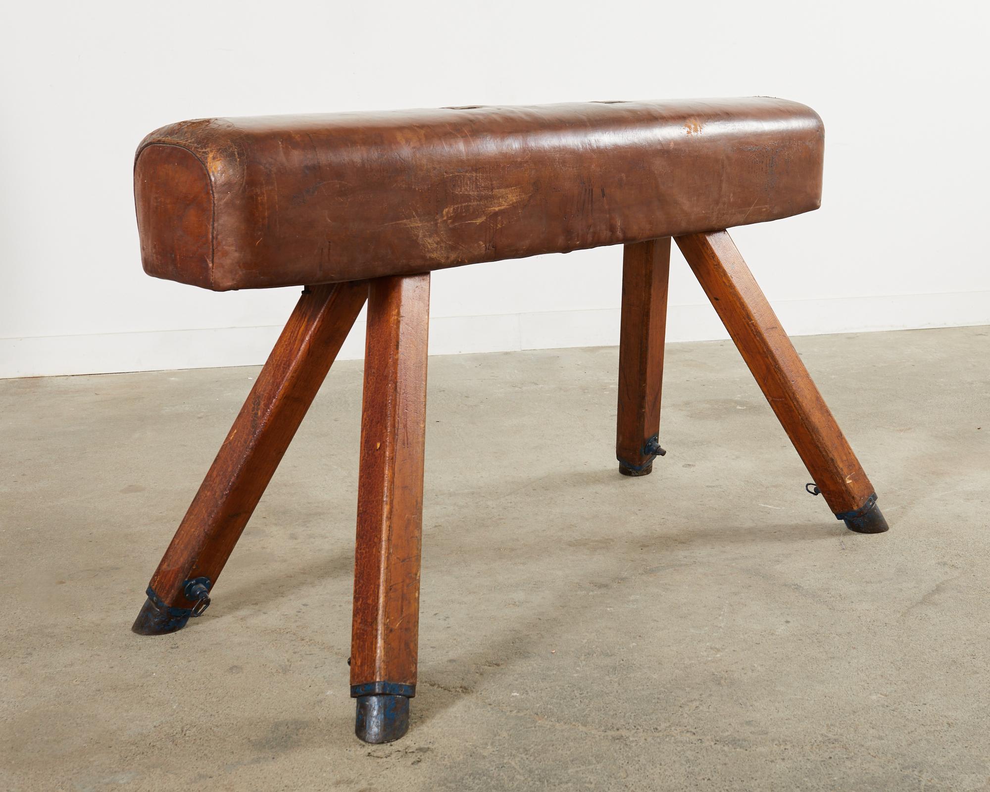 Midcentury Gymnastic Leather and Oak Pommel Horse Bench For Sale 5