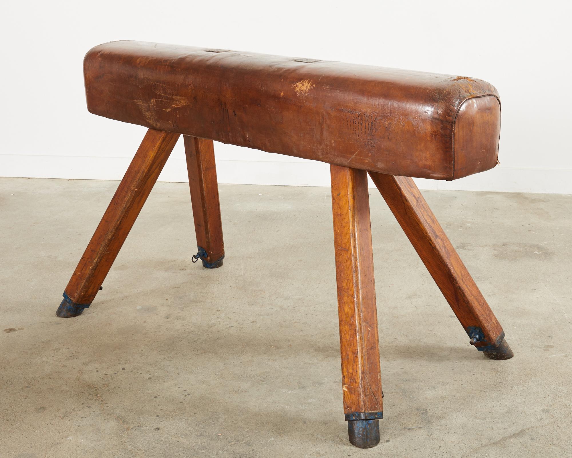 Midcentury Gymnastic Leather and Oak Pommel Horse Bench For Sale 10