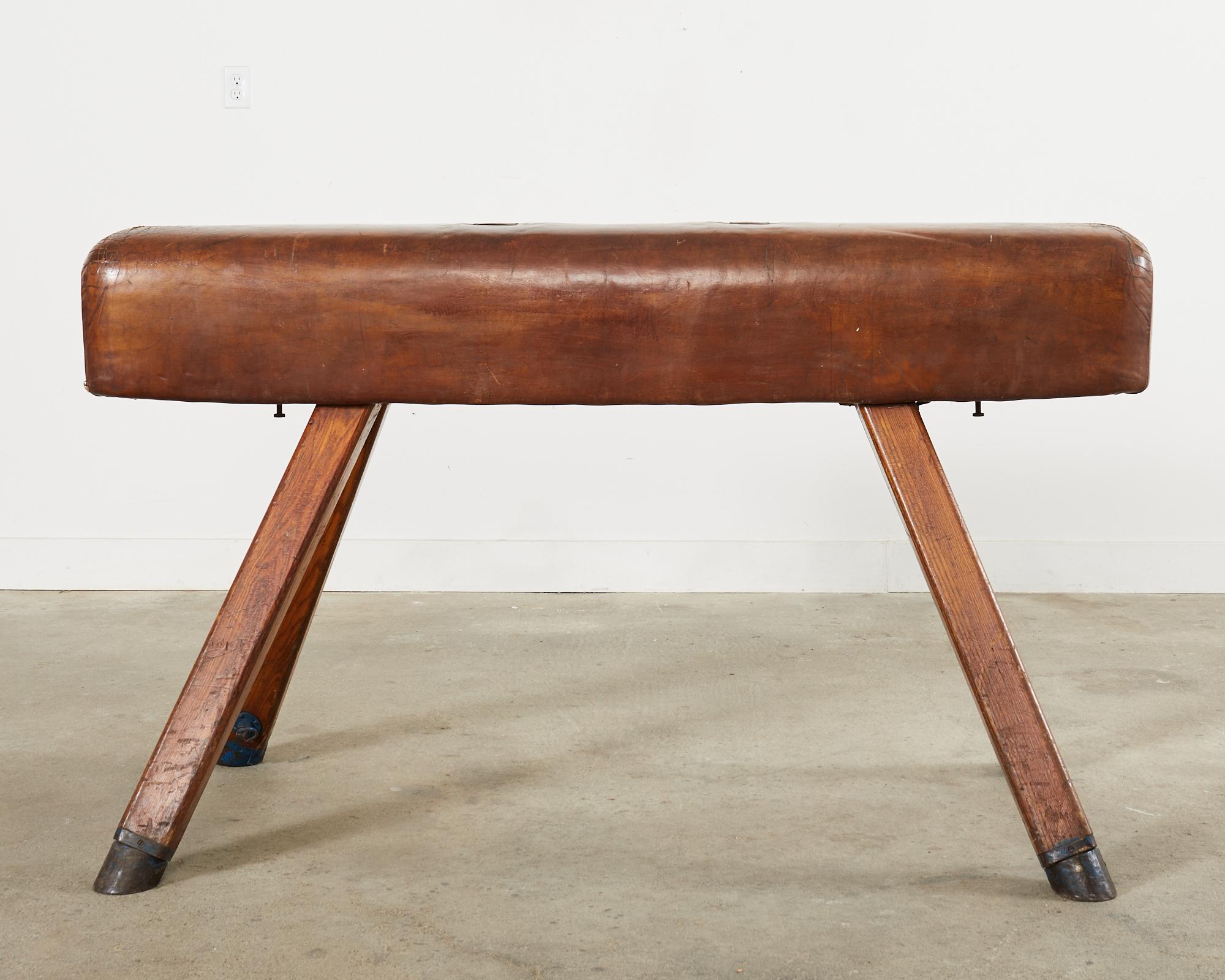 Midcentury Gymnastic Leather and Oak Pommel Horse Bench For Sale 11