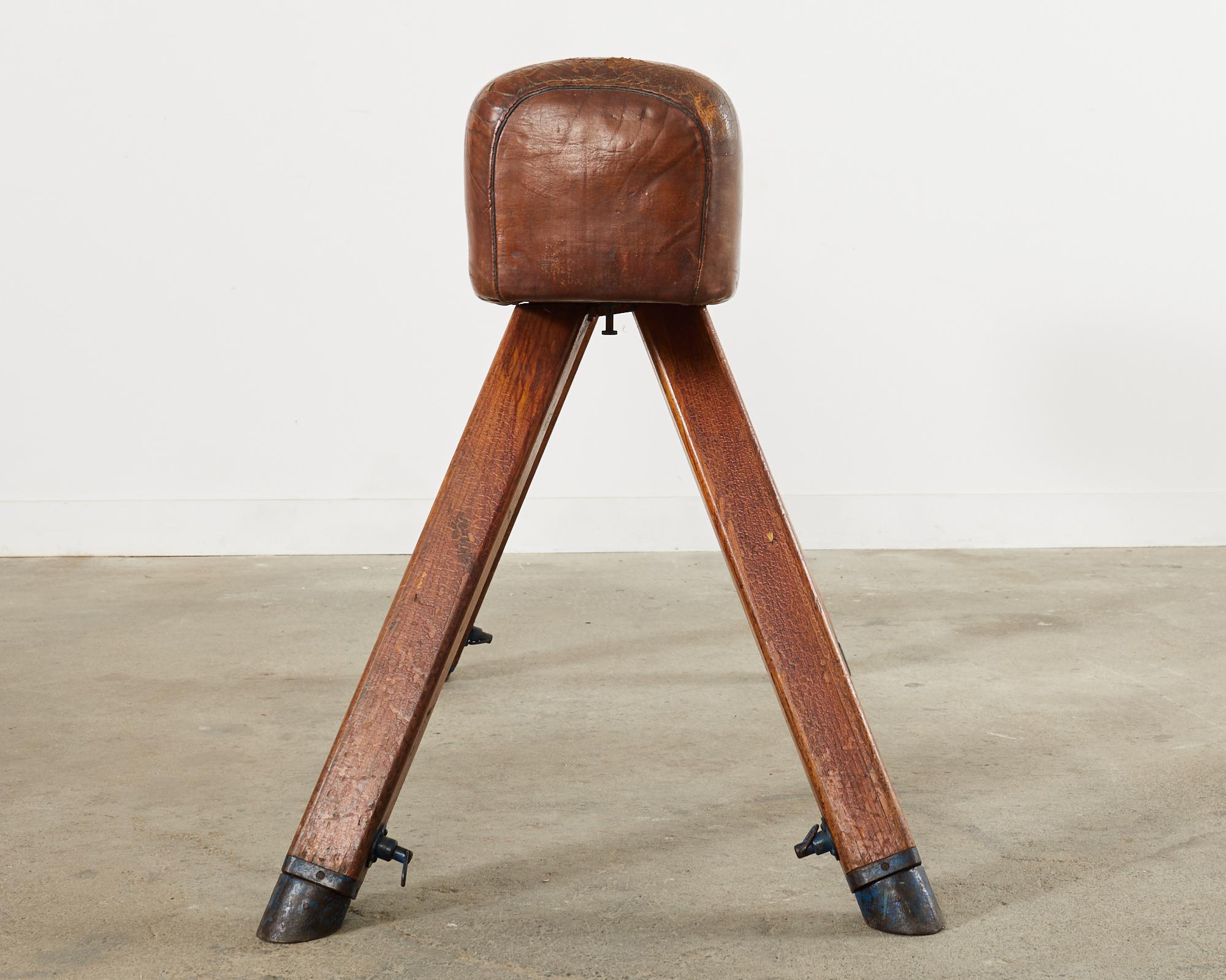 Mid-Century Modern Midcentury Gymnastic Leather and Oak Pommel Horse Bench For Sale
