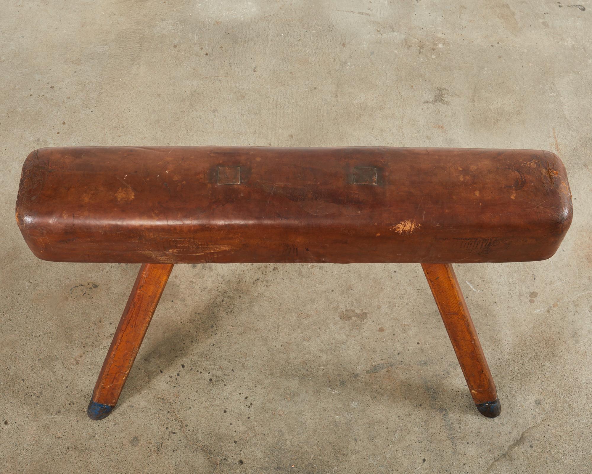 Czech Midcentury Gymnastic Leather and Oak Pommel Horse Bench For Sale