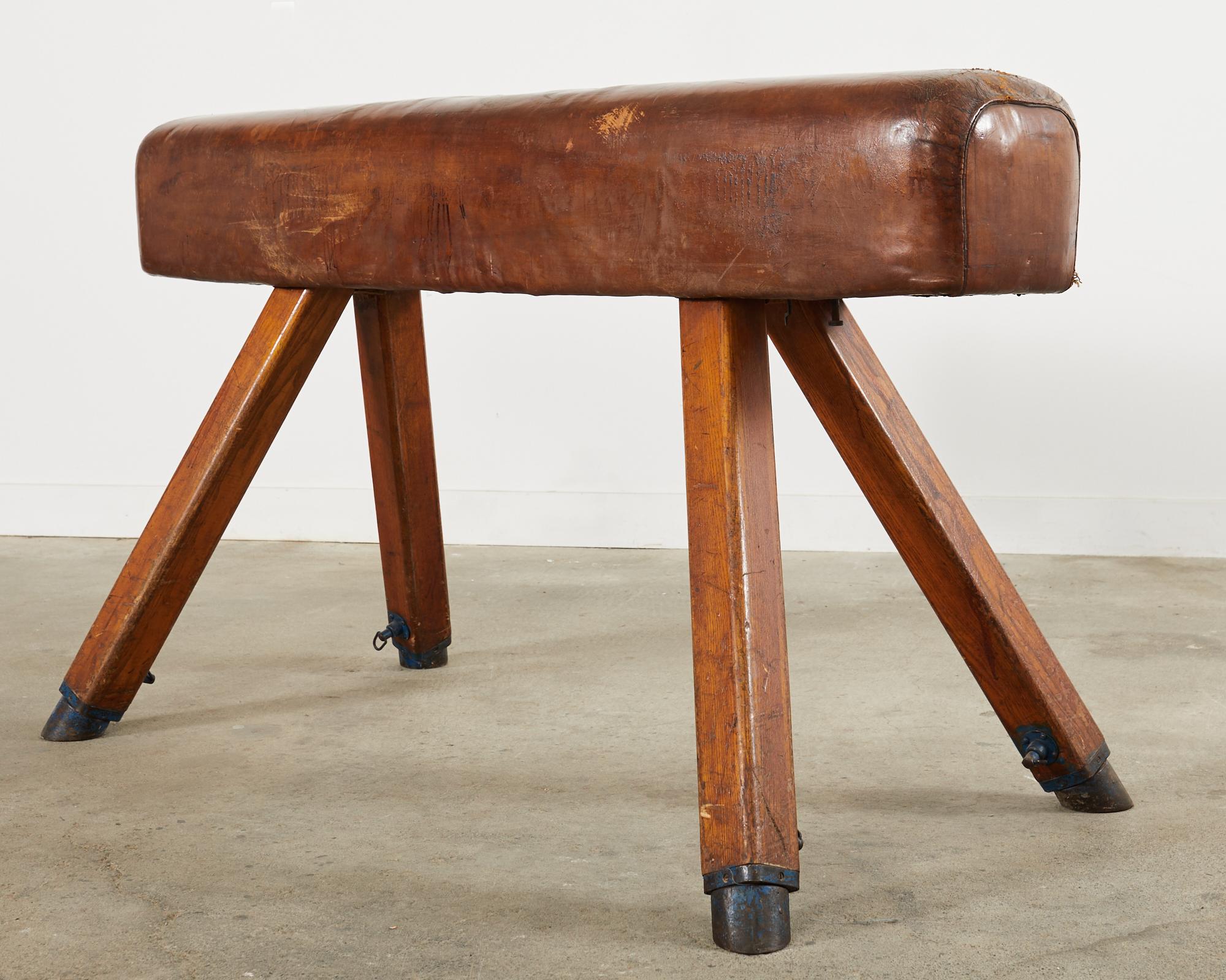 Midcentury Gymnastic Leather and Oak Pommel Horse Bench In Distressed Condition For Sale In Rio Vista, CA