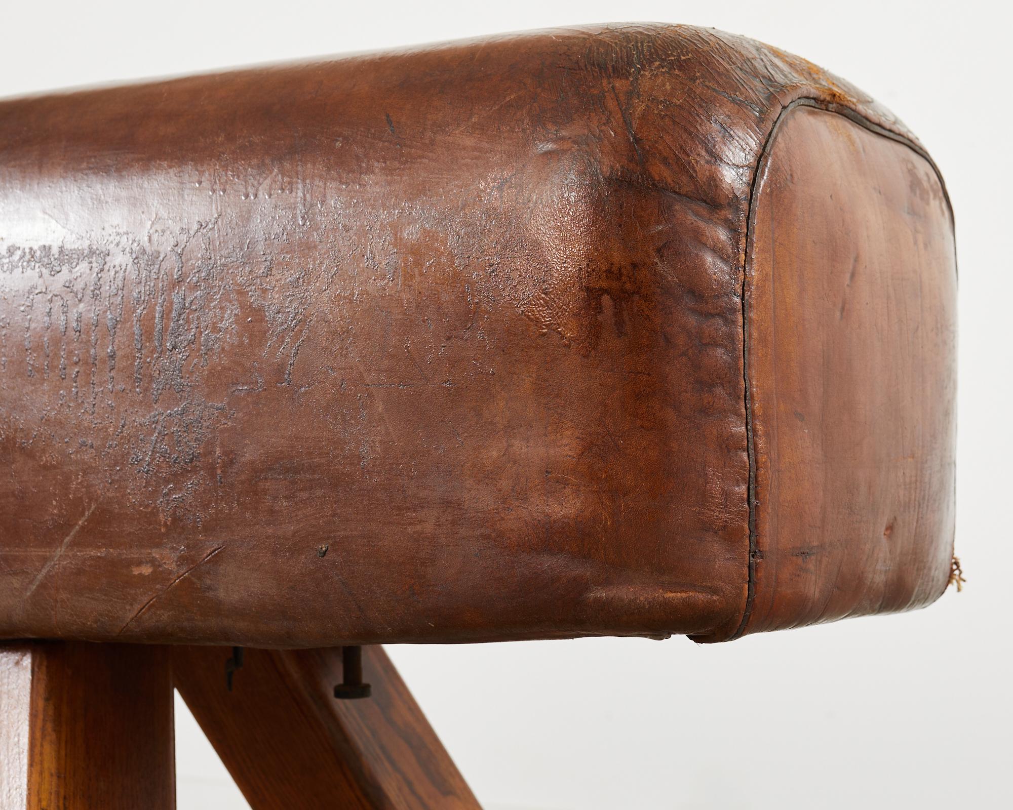 20th Century Midcentury Gymnastic Leather and Oak Pommel Horse Bench For Sale