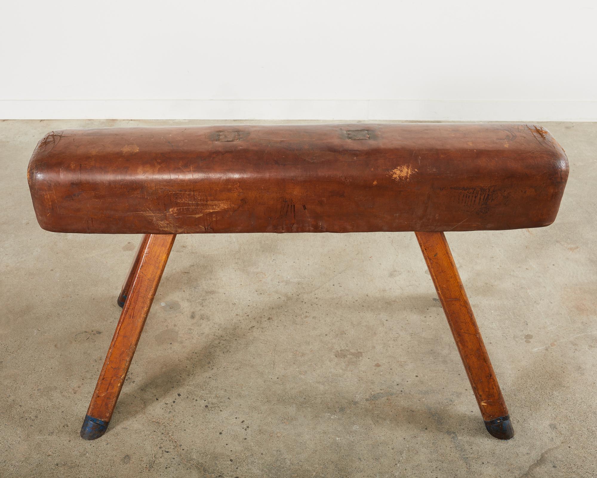 Midcentury Gymnastic Leather and Oak Pommel Horse Bench For Sale 1