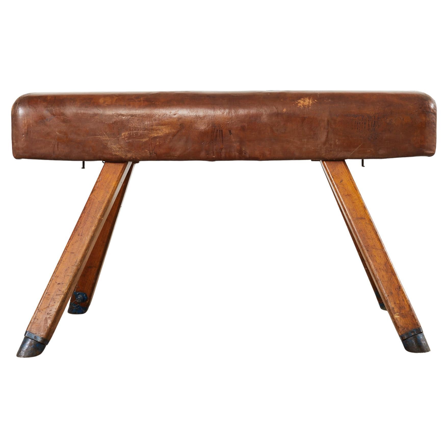 Midcentury Gymnastic Leather and Oak Pommel Horse Bench For Sale