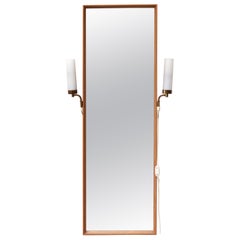 Midcentury Hall Mirror Flanked with Milk Glass Sconces