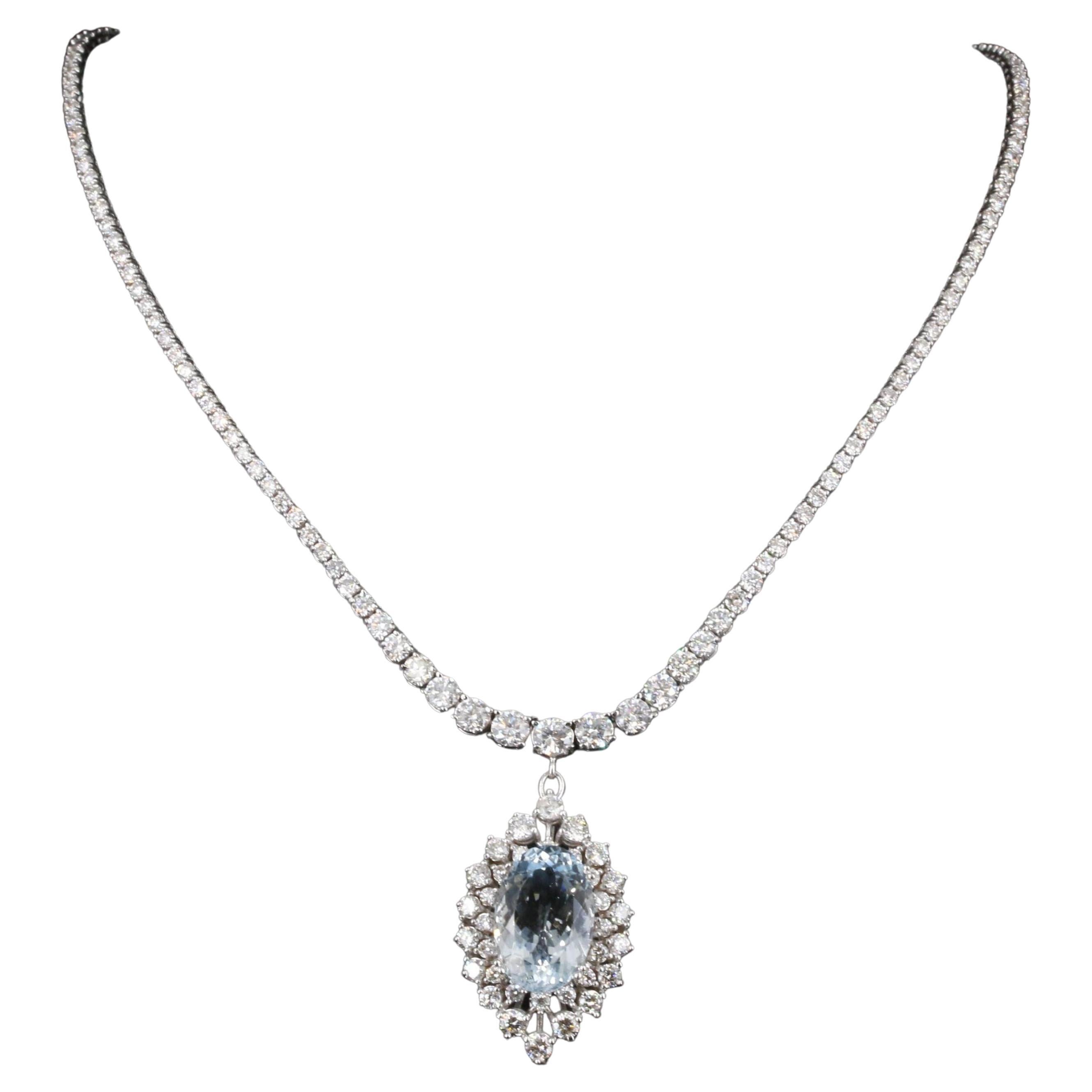 Victorian Oval Cut Aquamarine with Diamond Surround Necklace at 1stDibs