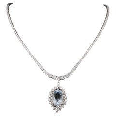MidCentury Halo Oval Cut Aquamarine Necklace, Diamonds Bridal Necklace