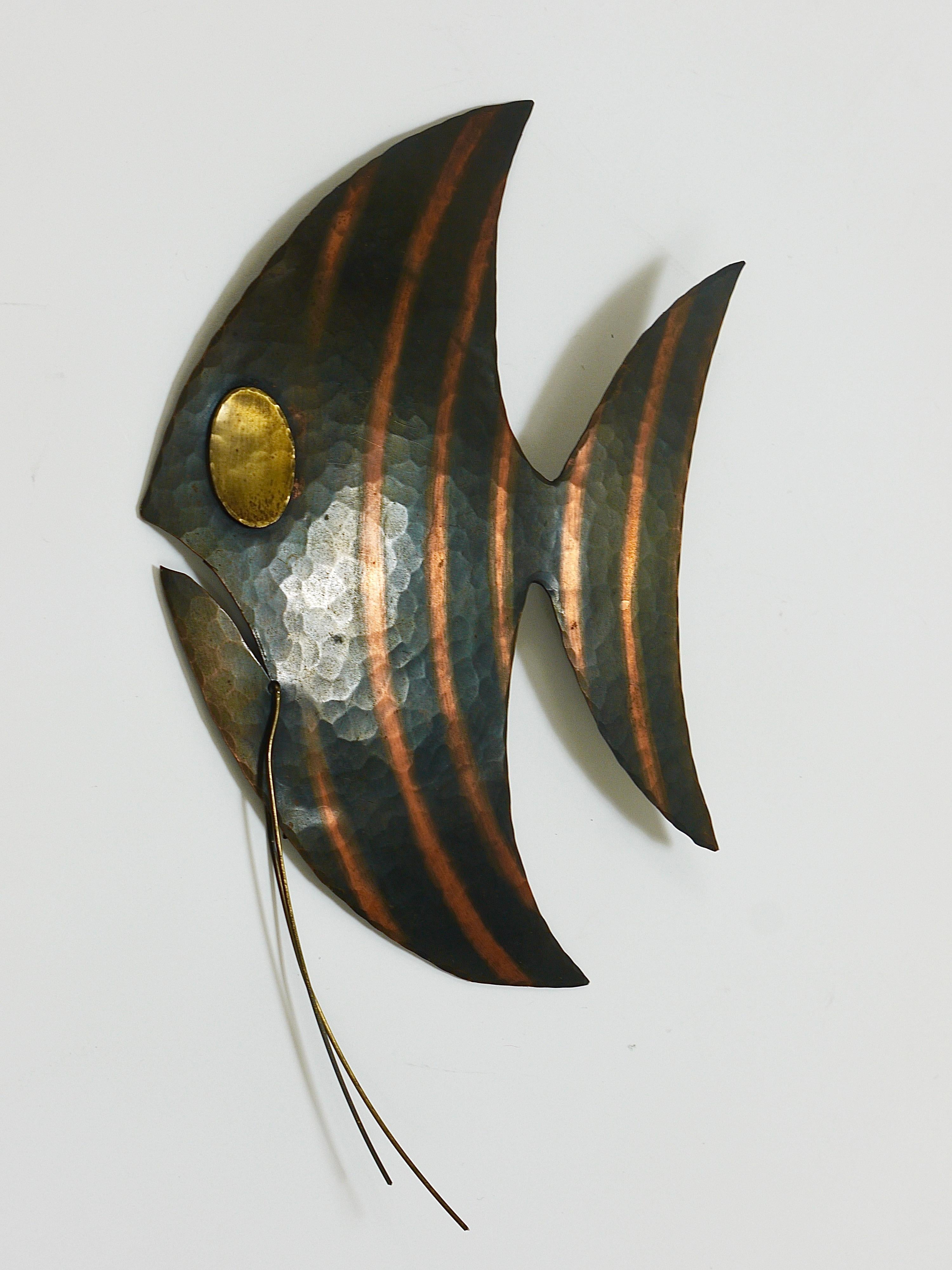 Mid-Century Modern Midcentury Hammered Angel Fish Wall Plaque Sculpture, Copper, Austria, 1950s For Sale