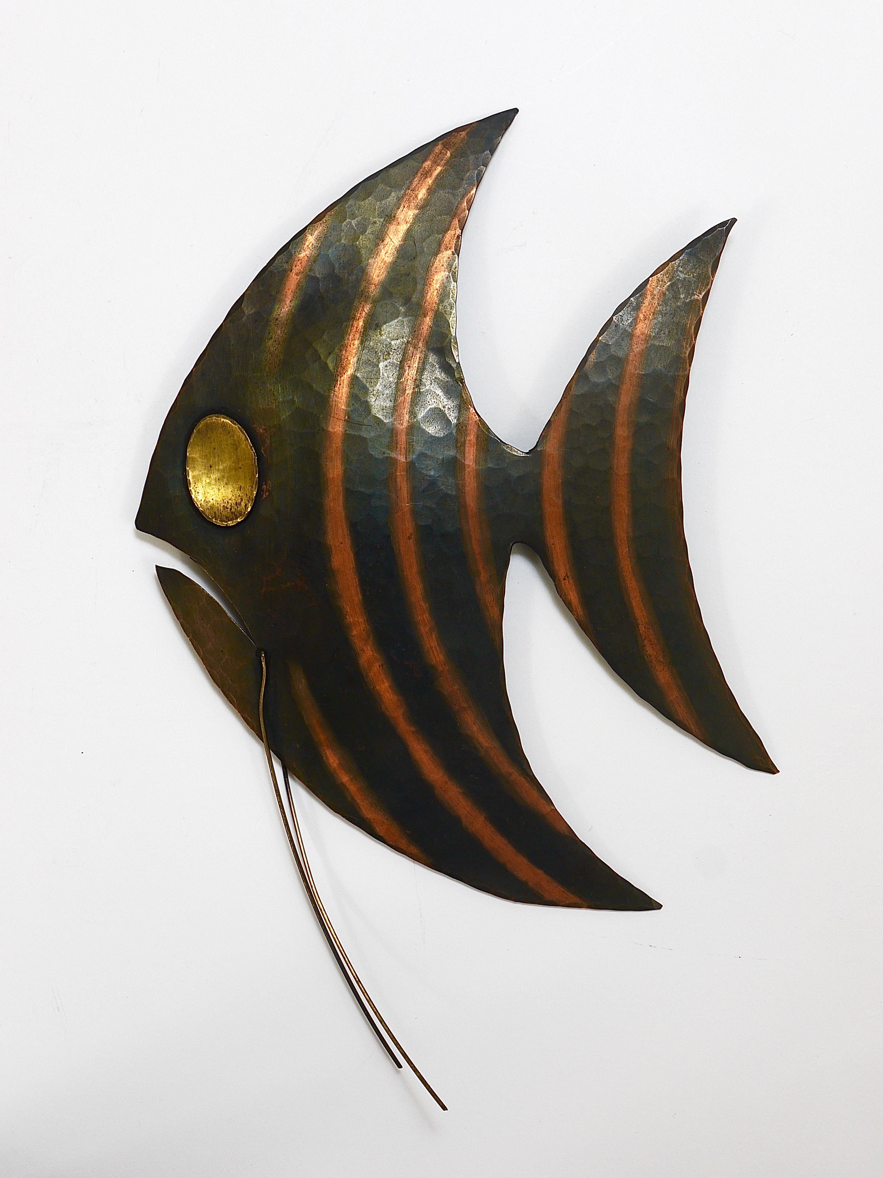 Blackened Midcentury Hammered Angel Fish Wall Plaque Sculpture, Copper, Austria, 1950s For Sale