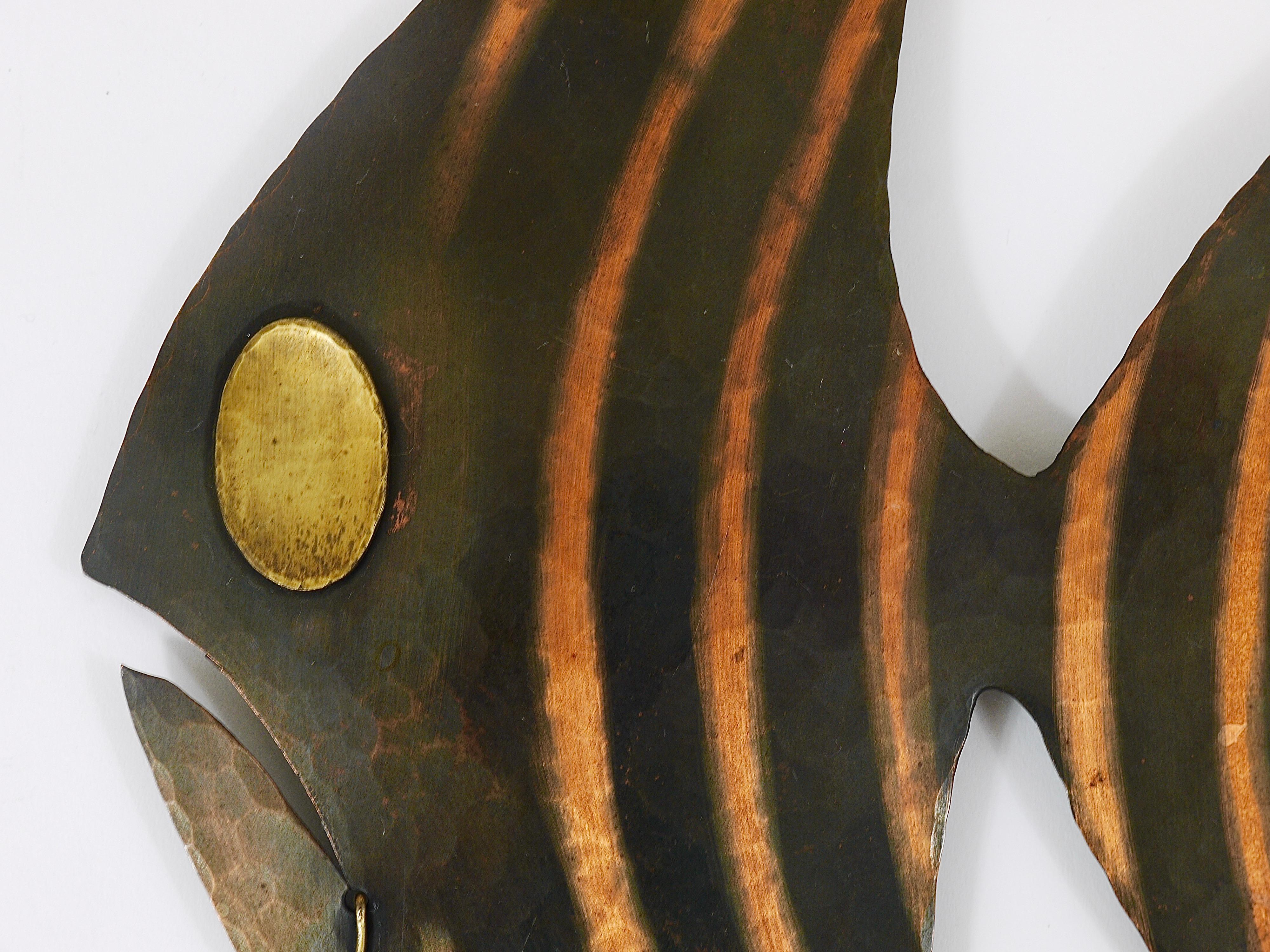Brass Midcentury Hammered Angel Fish Wall Plaque Sculpture, Copper, Austria, 1950s For Sale