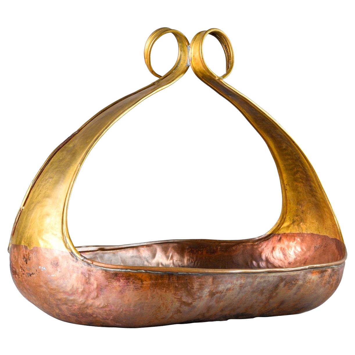 Midcentury Hammered Copper and Brass Basket Form Bowl For Sale