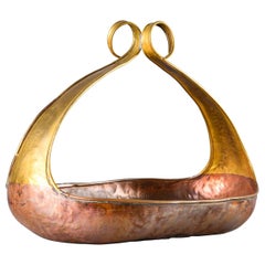 Midcentury Hammered Copper and Brass Basket Form Bowl