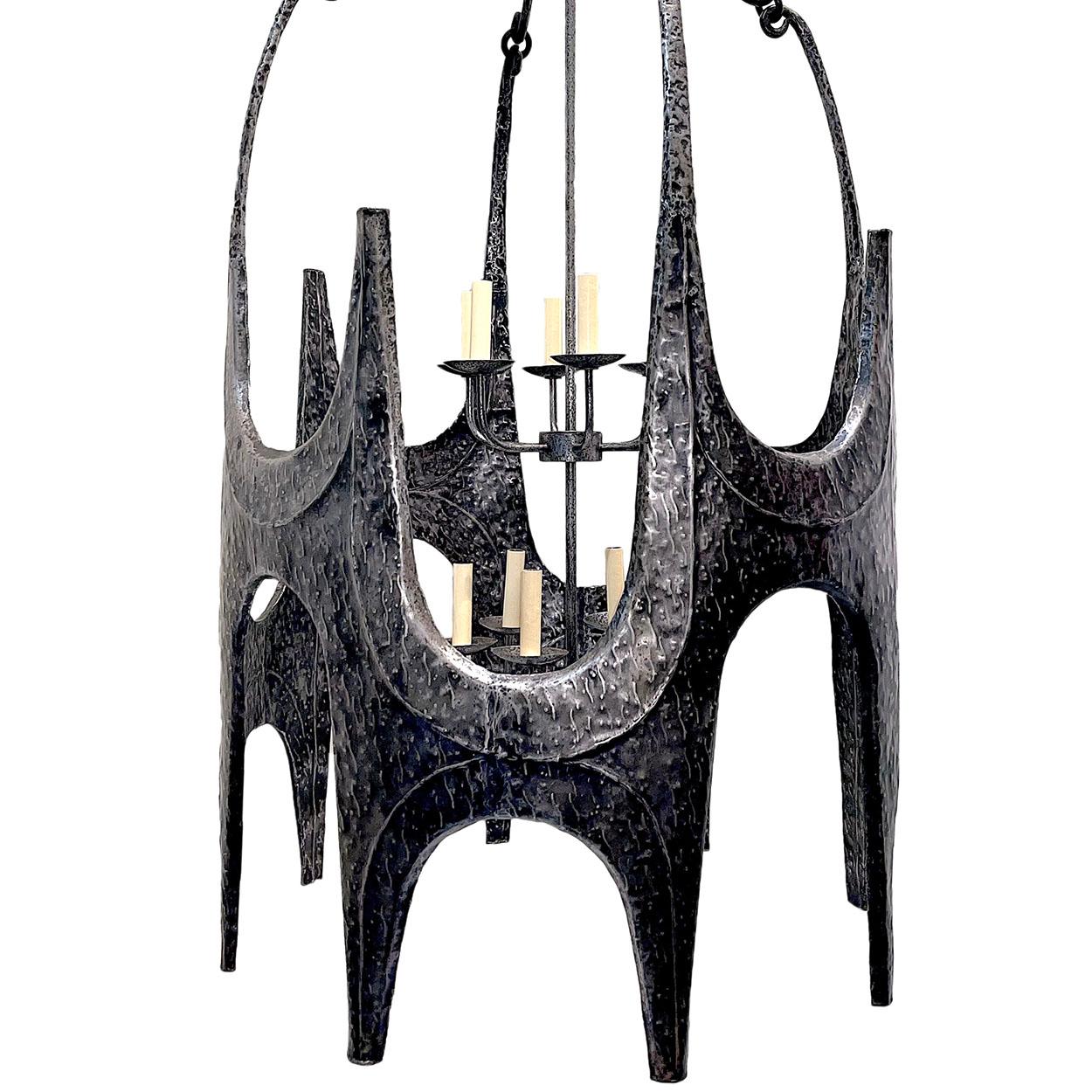 Midcentury Hammered Iron Brutalist Lantern In Good Condition For Sale In New York, NY