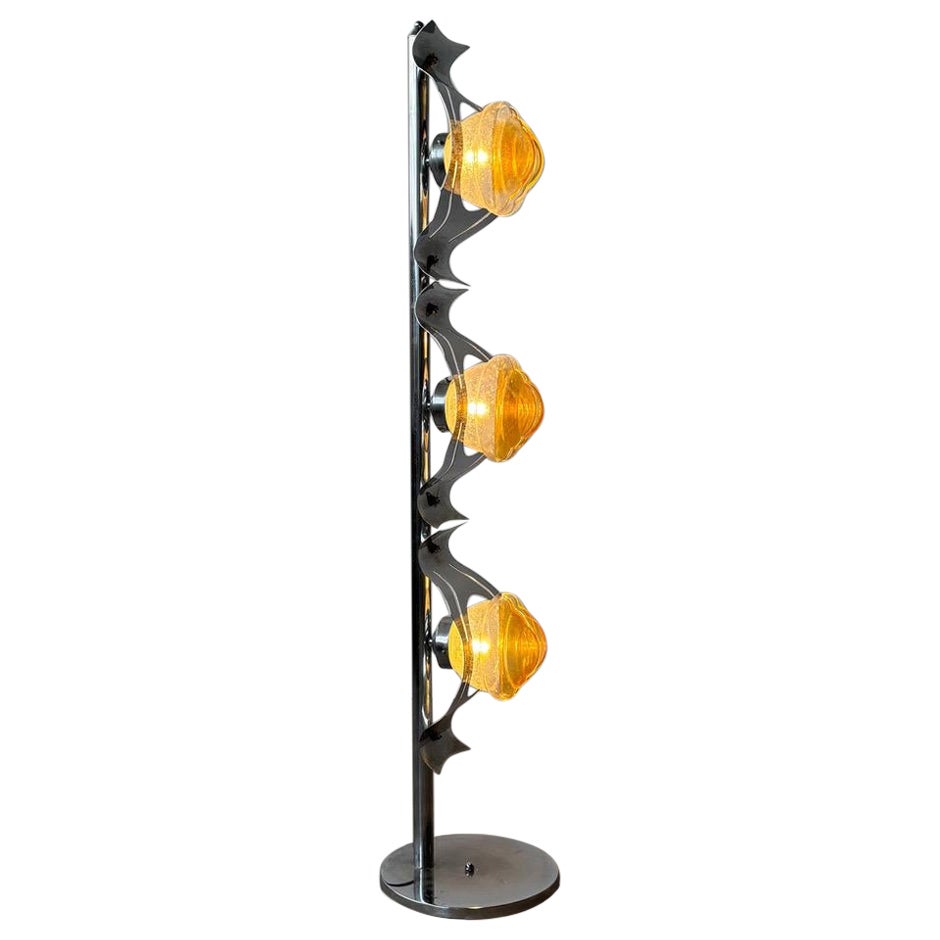 Midcentury hand blown glass & chrome floor lamp, 1970s Italy For Sale