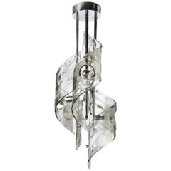 Midcentury Hand Blown Murano Smoked Helix Glass and Chrome Chandelier by Mazzega