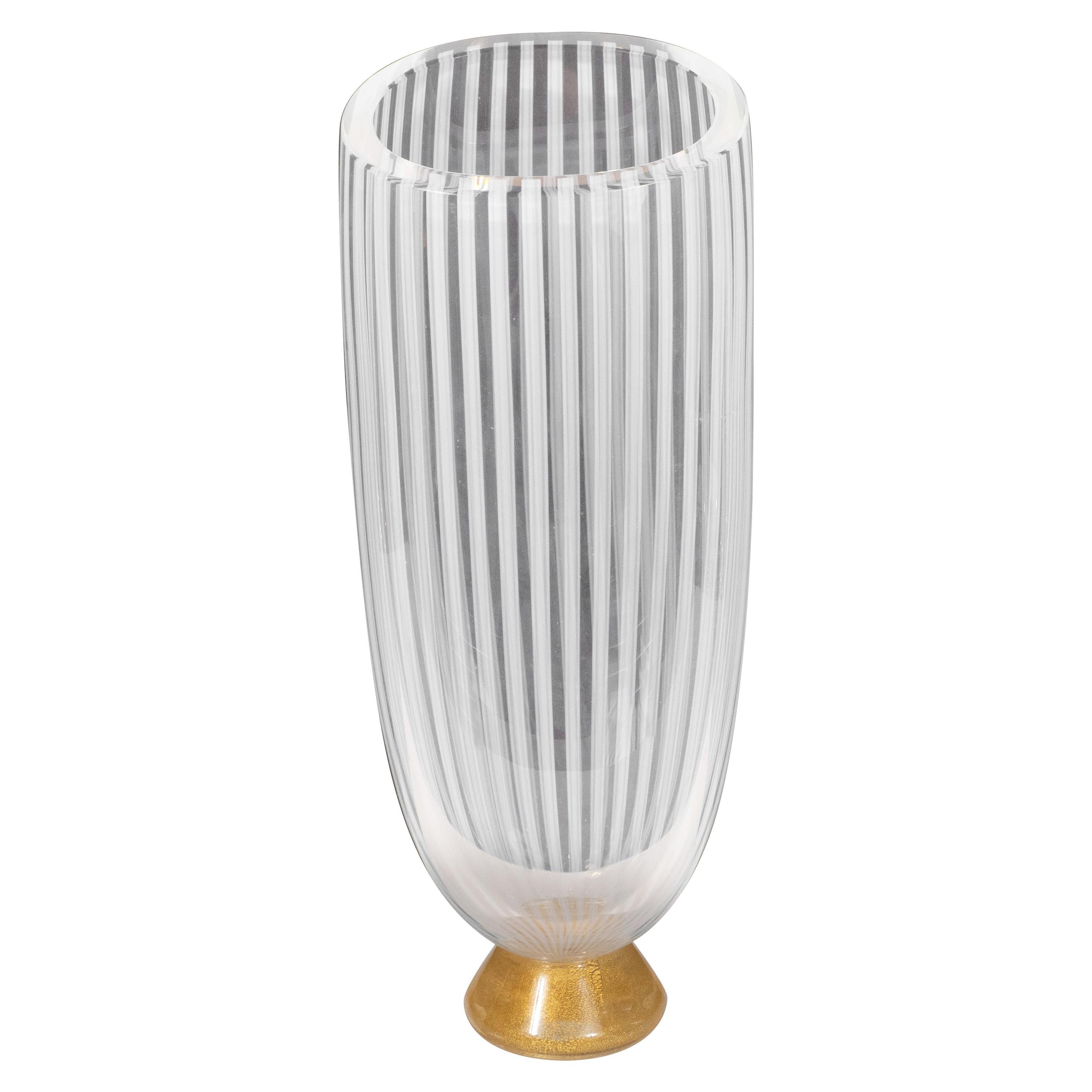 Midcentury Hand Blown Murano Striated Glass Vase with 24kt Gold Flecks by Seguso