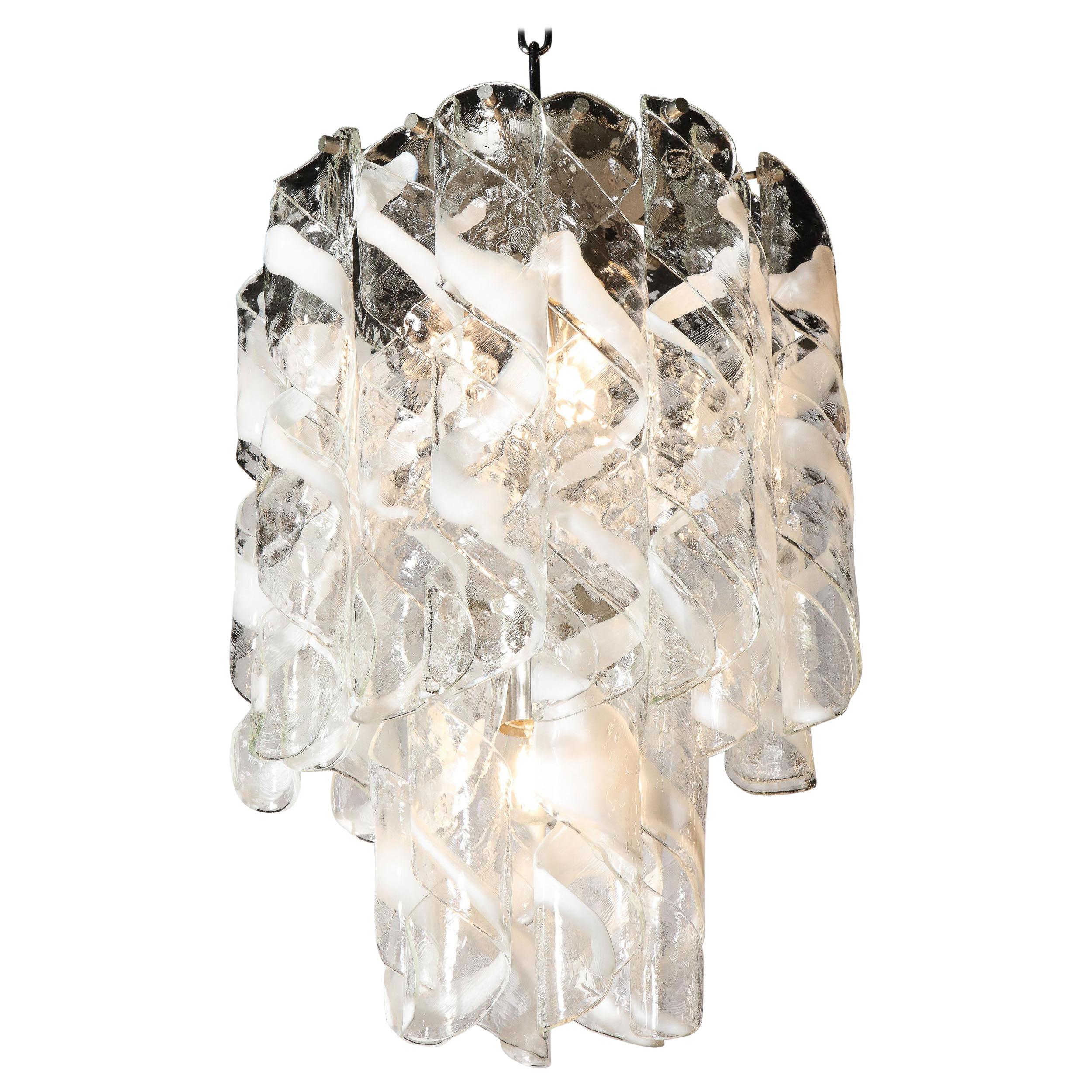 Midcentury Hand Blown Murano Translucent and White Glass Helix Form Chandelier