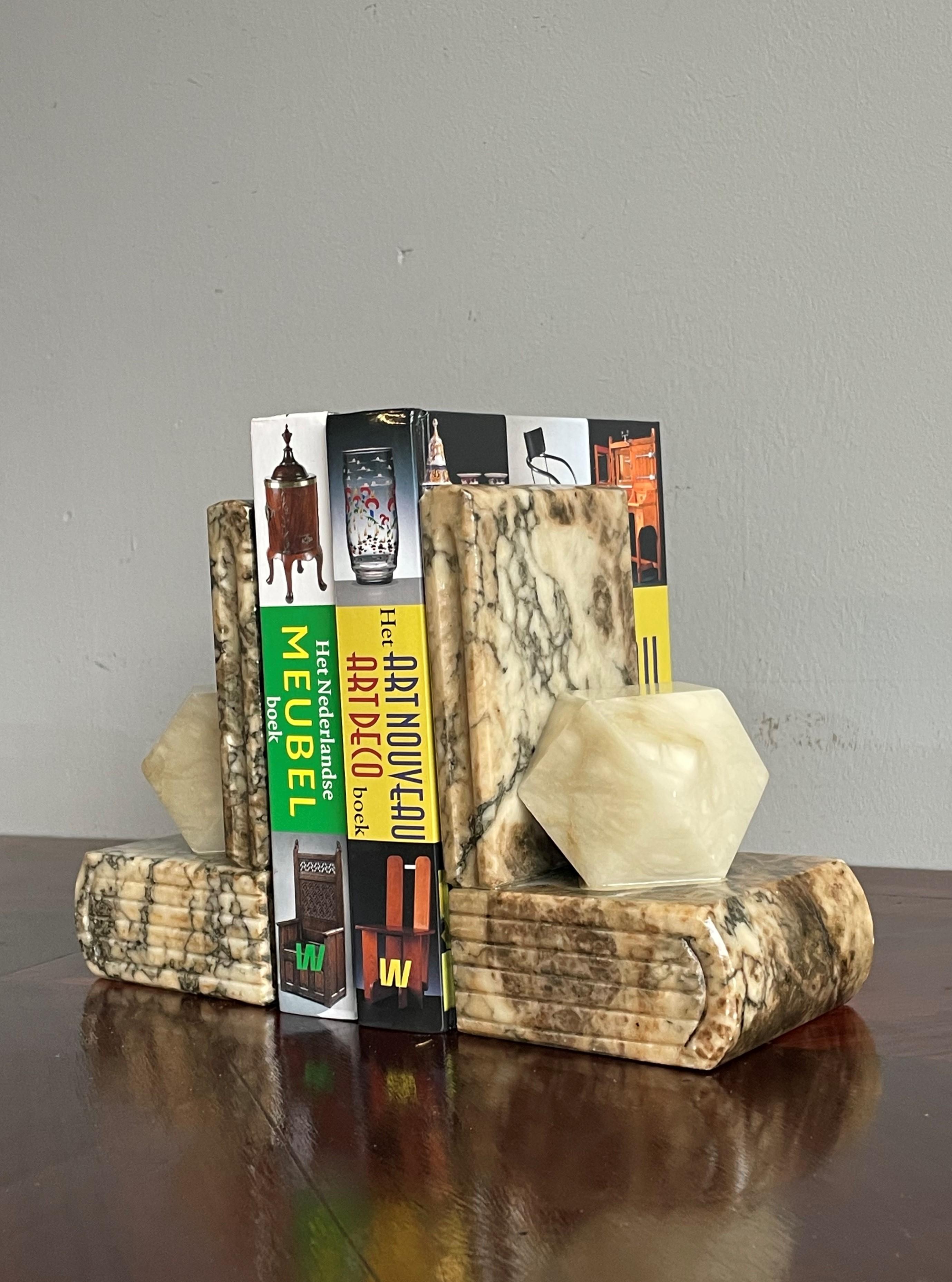 Midcentury Hand Carved Alabaster Bookends w. Science like Geometrical Element For Sale 4