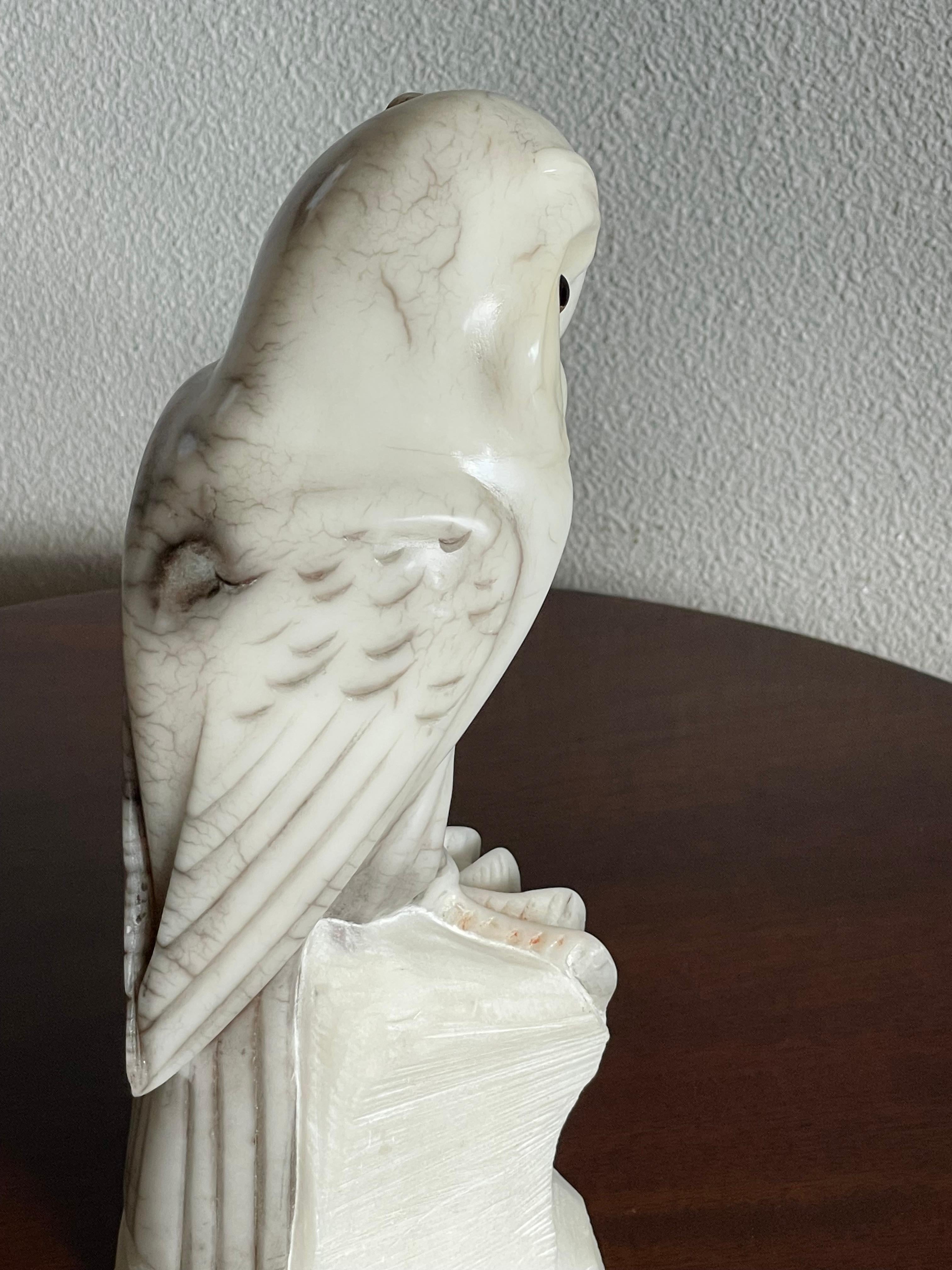 Midcentury Hand Carved Alabaster Owl Sculpture Also Symbol for Wisdom & Learning For Sale 1