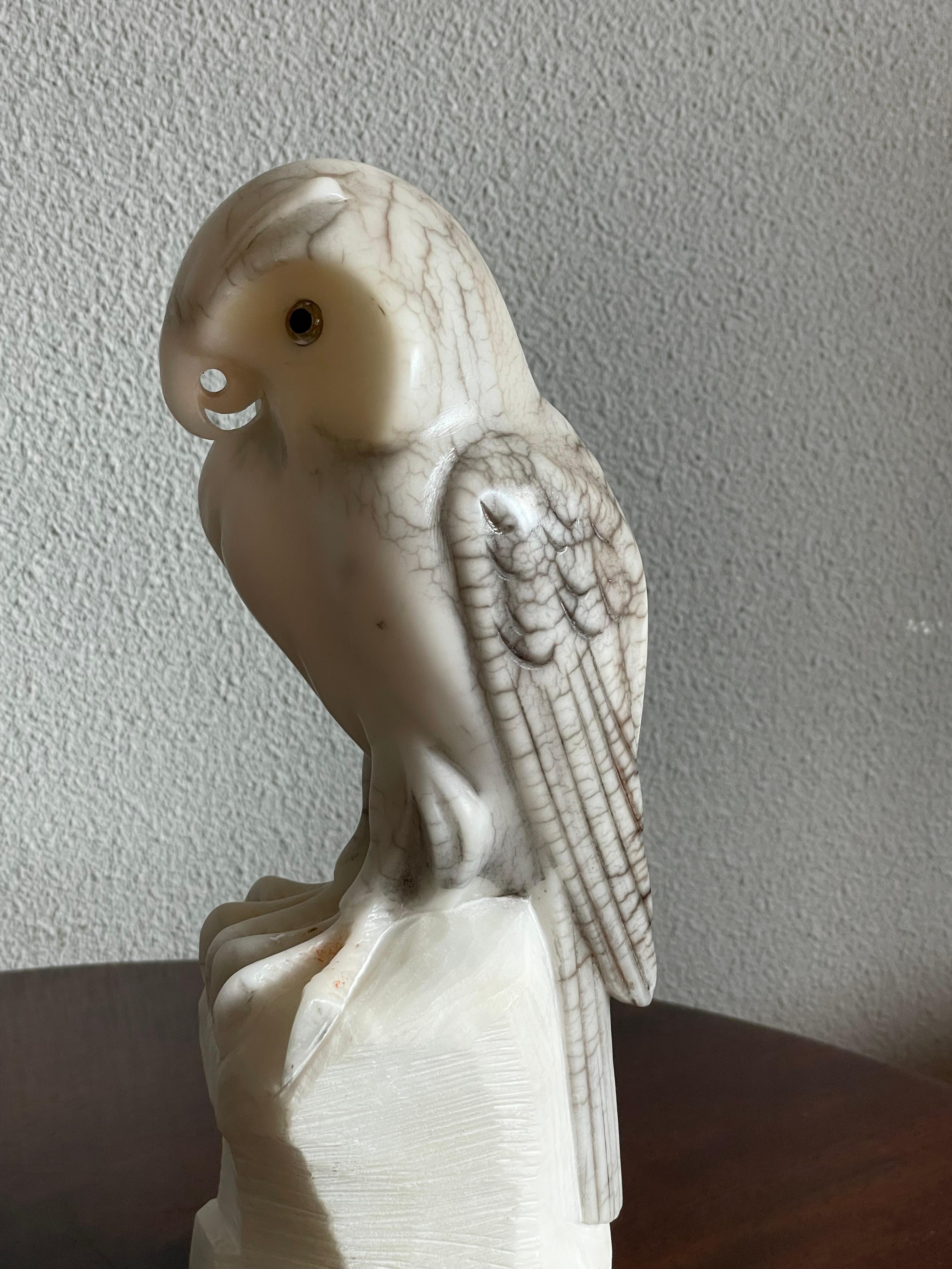 Mid-Century Modern Midcentury Hand Carved Alabaster Owl Sculpture Also Symbol for Wisdom & Learning For Sale