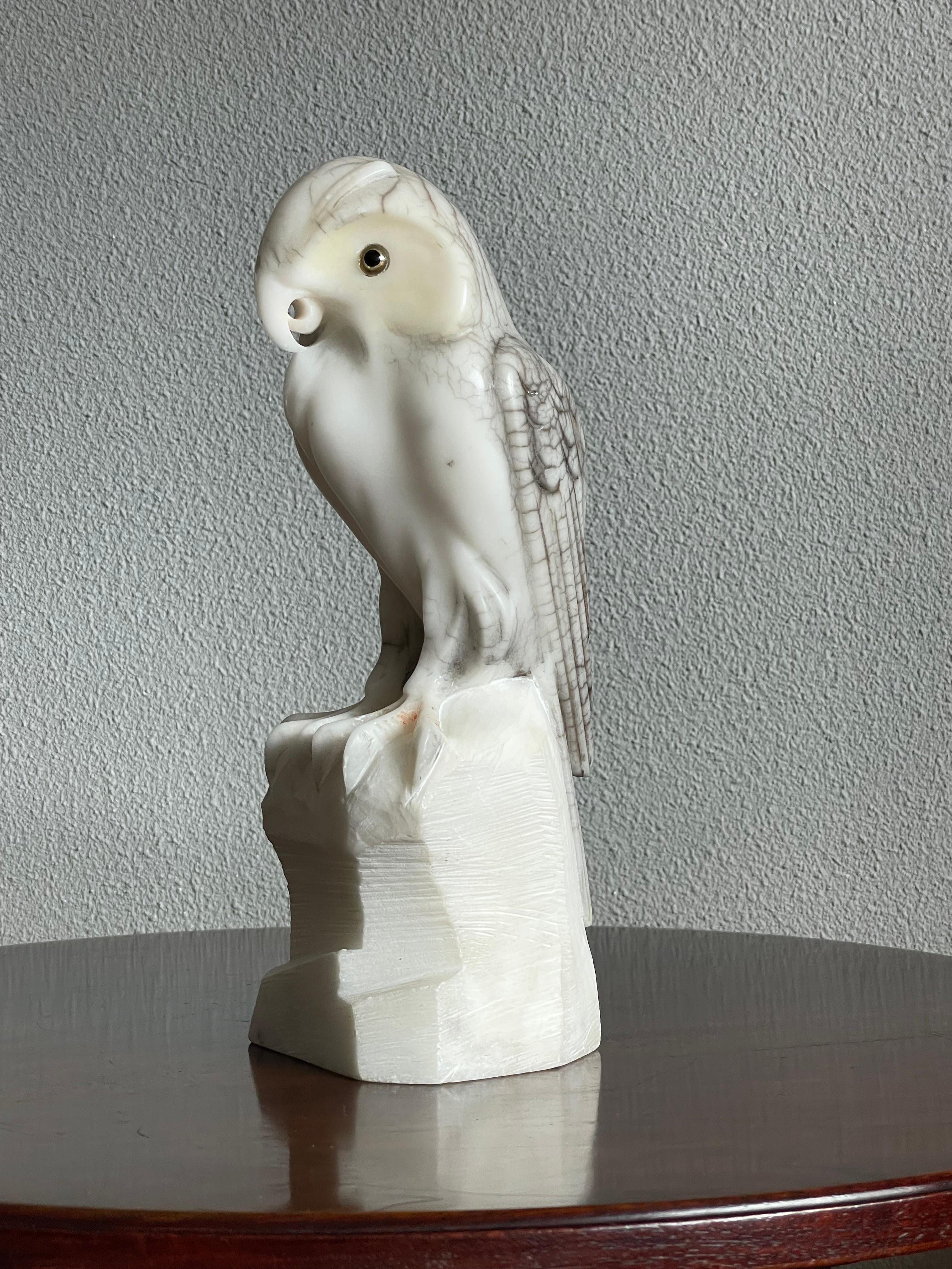 European Midcentury Hand Carved Alabaster Owl Sculpture Also Symbol for Wisdom & Learning For Sale