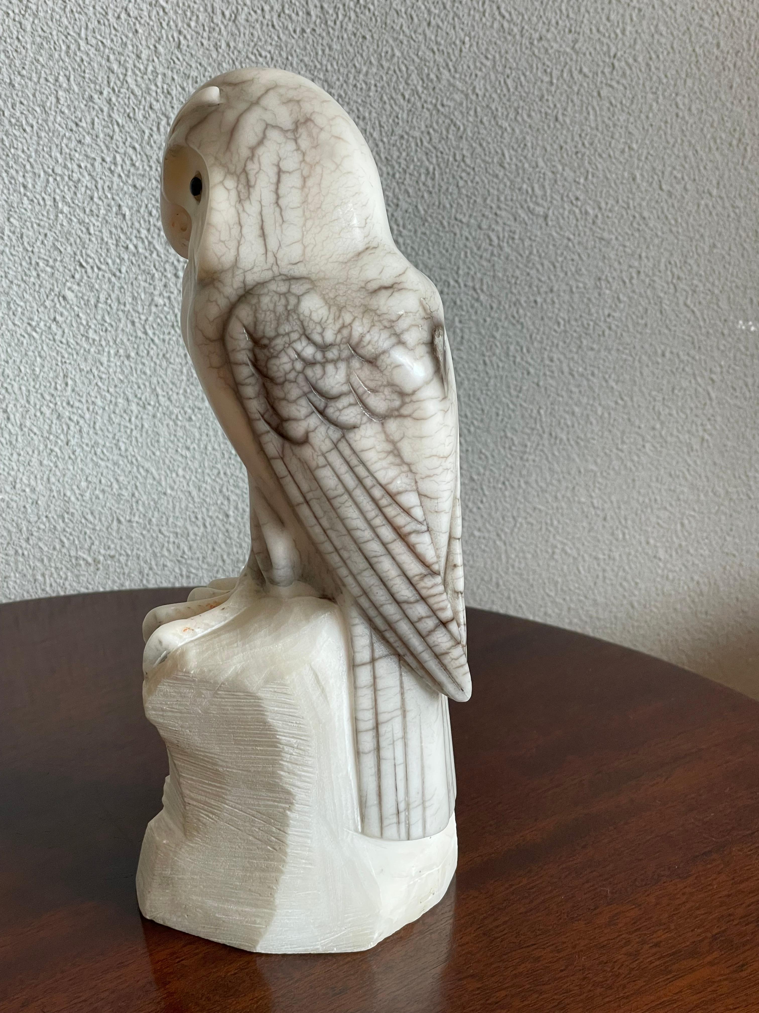 Midcentury Hand Carved Alabaster Owl Sculpture Also Symbol for Wisdom & Learning In Excellent Condition For Sale In Lisse, NL