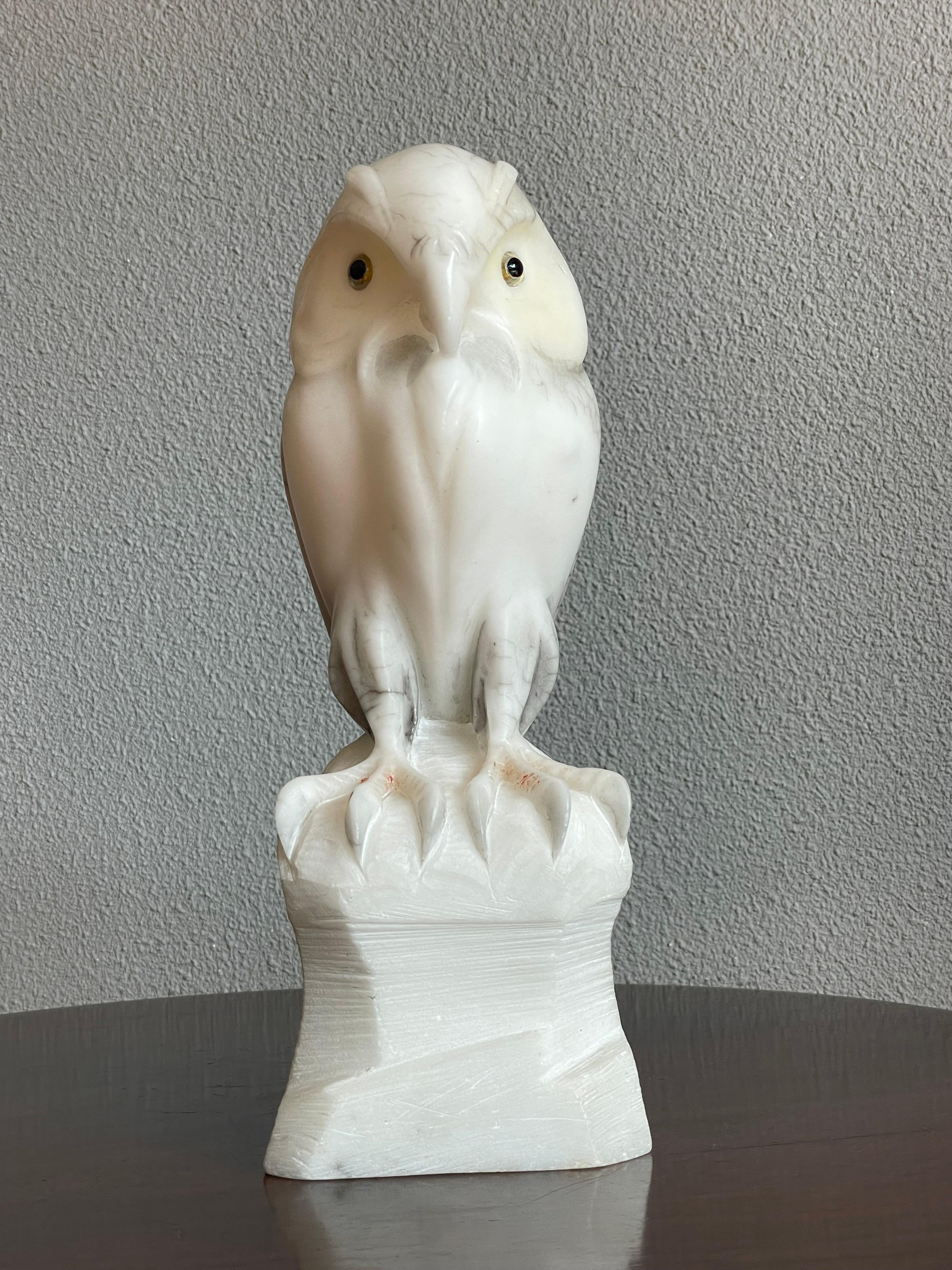20th Century Midcentury Hand Carved Alabaster Owl Sculpture Also Symbol for Wisdom & Learning For Sale