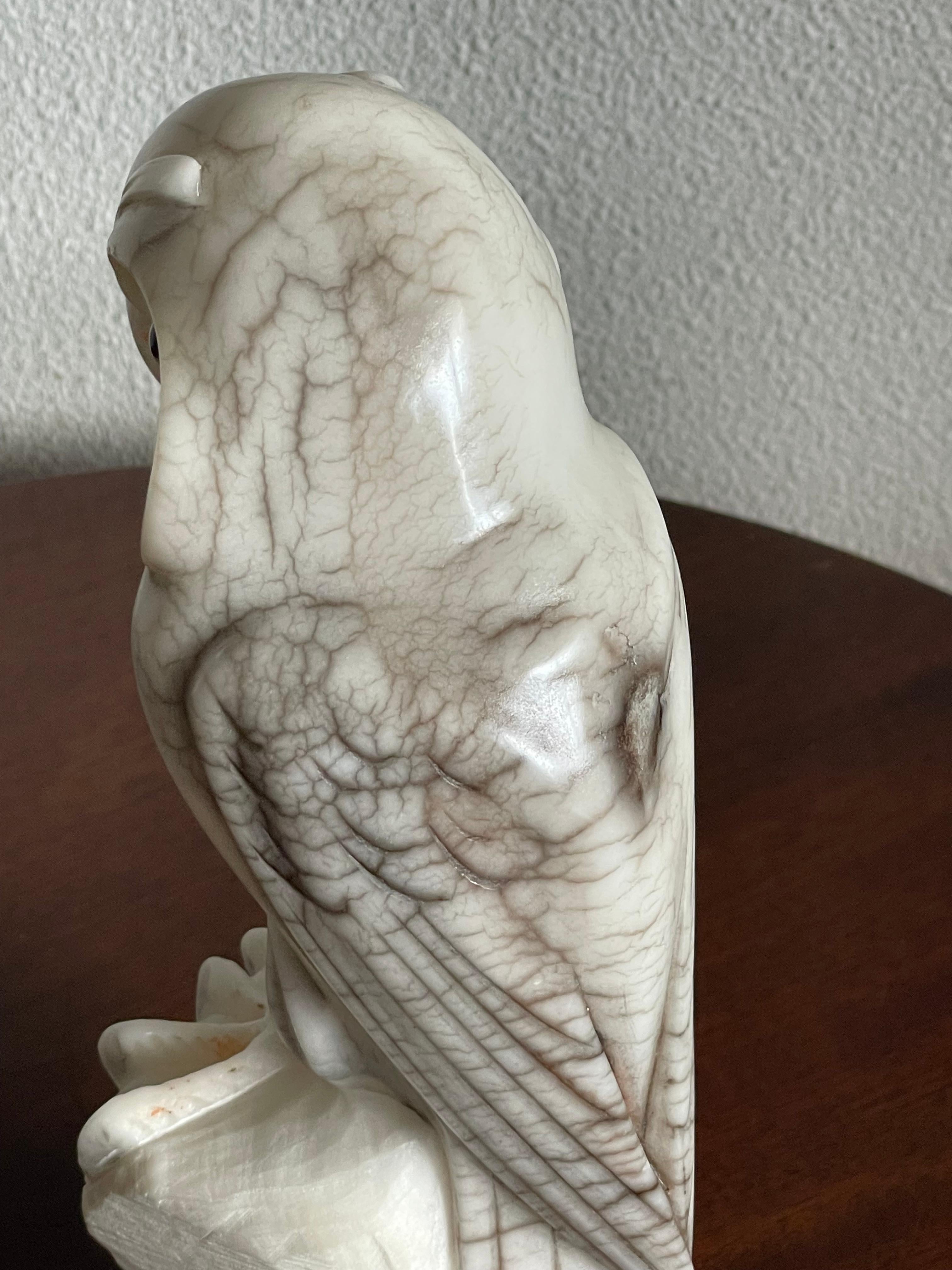Glass Midcentury Hand Carved Alabaster Owl Sculpture Also Symbol for Wisdom & Learning For Sale