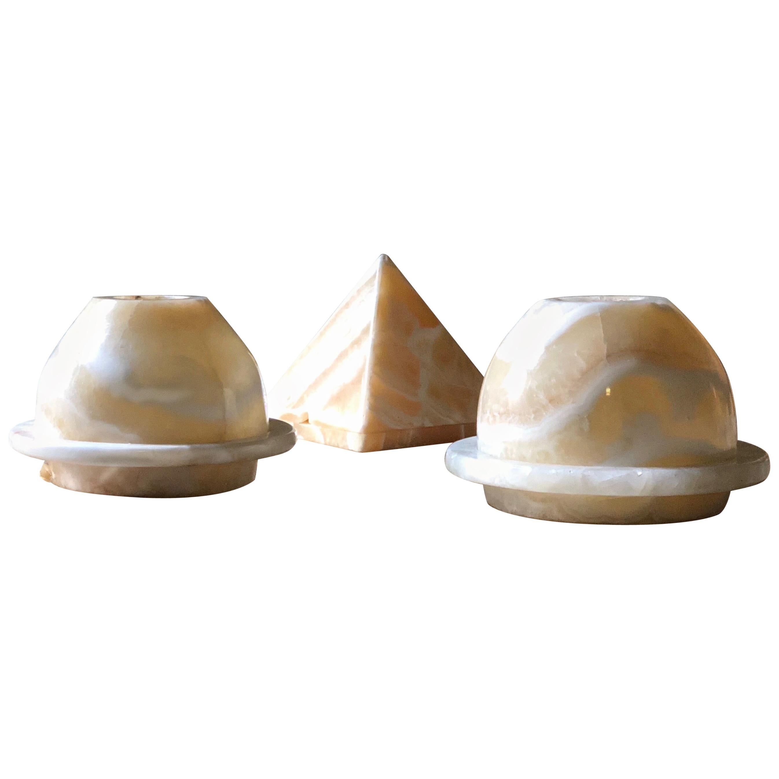 Midcentury Hand Carved Geometric Marbled Quartz Censers, Votive Candle