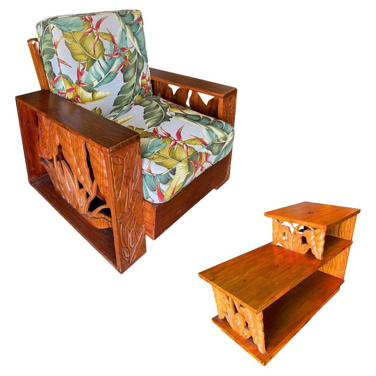Midcentury Hand Carved Koa Wood Lounge Chair and Side Table Living