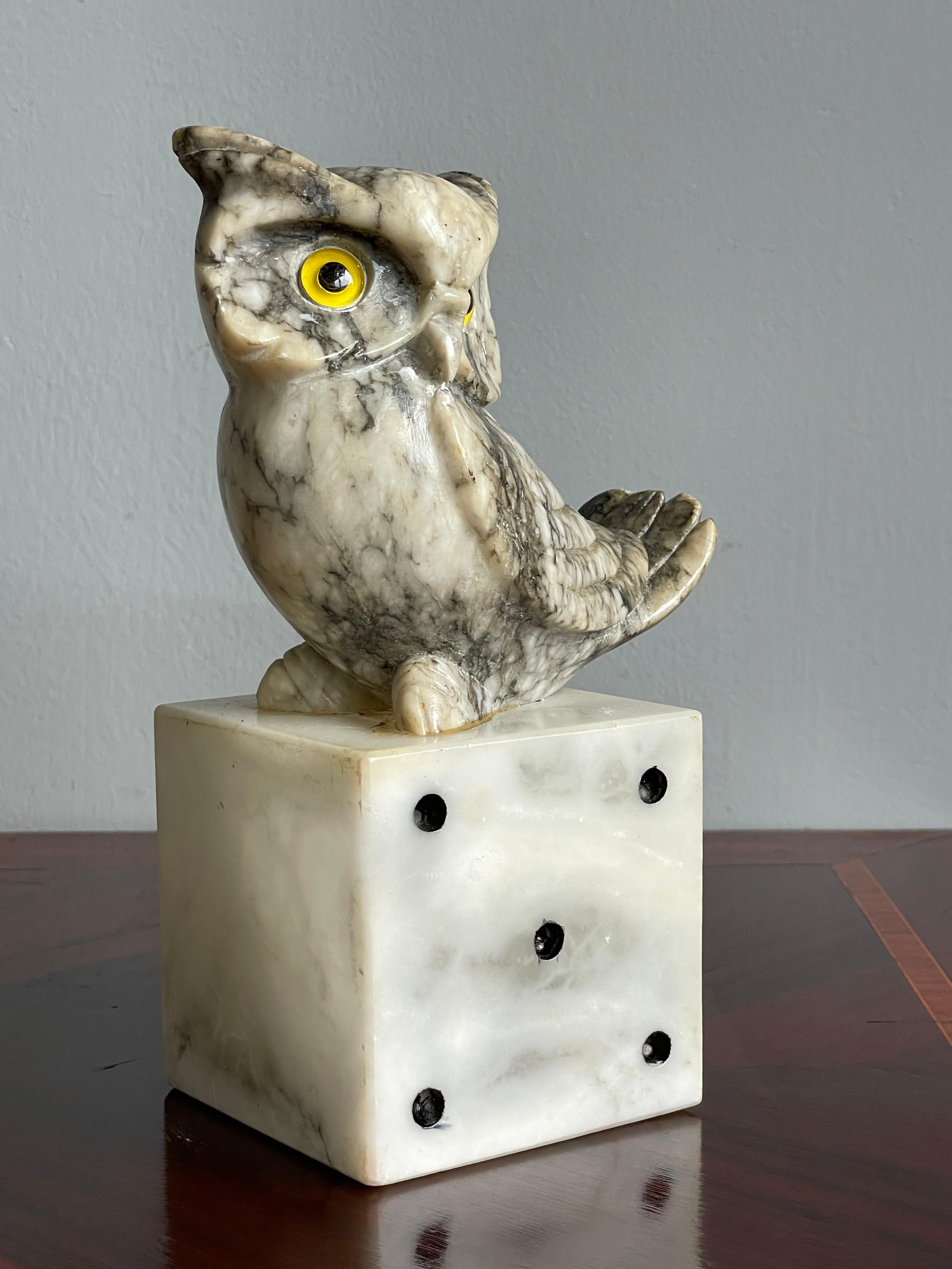 Mid-Century Hand Carved Marble Owl Sculptures with Alabaster Base Bookends 1960s 2