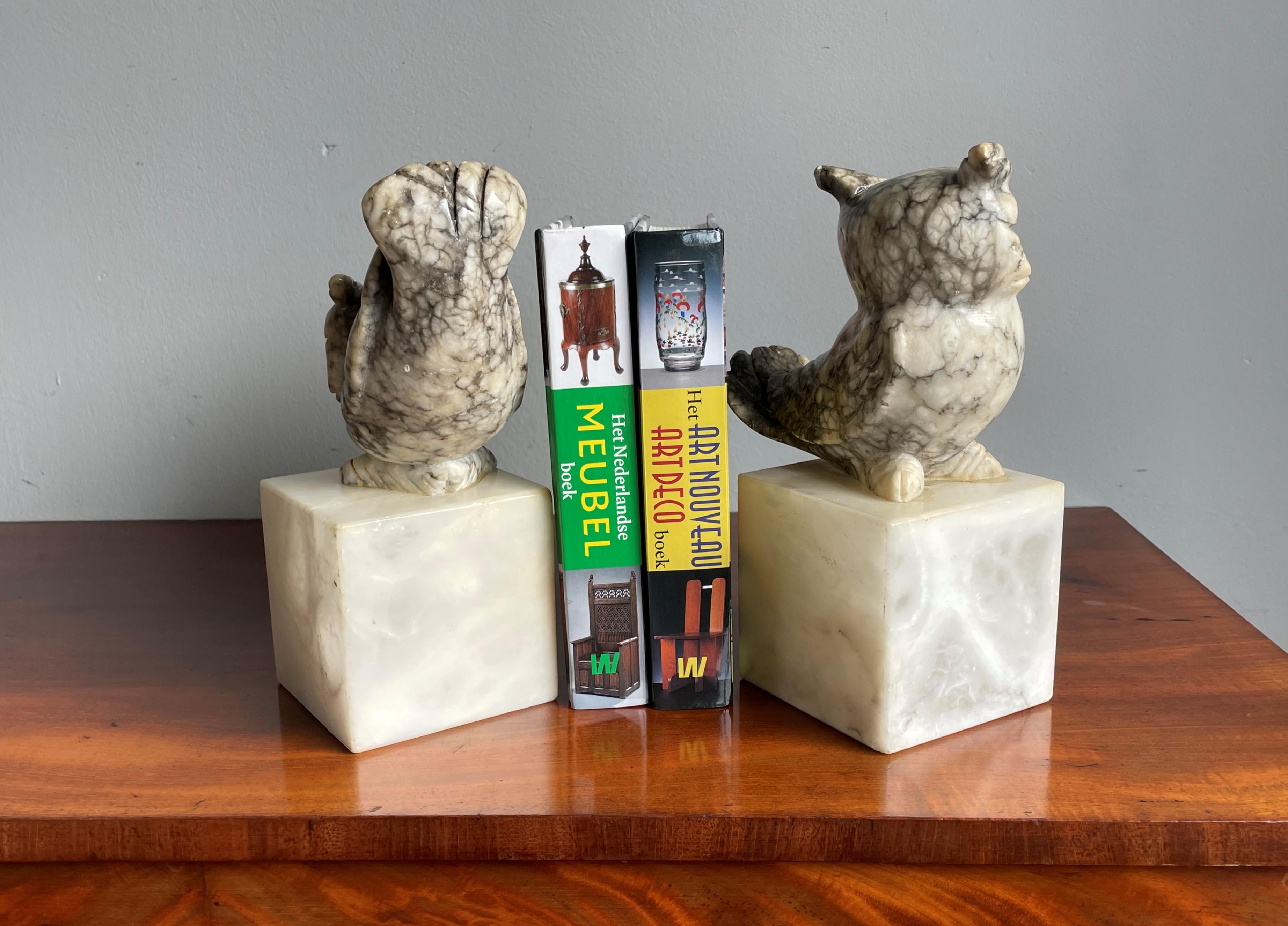 Mid-Century Hand Carved Marble Owl Sculptures with Alabaster Base Bookends 1960s 3