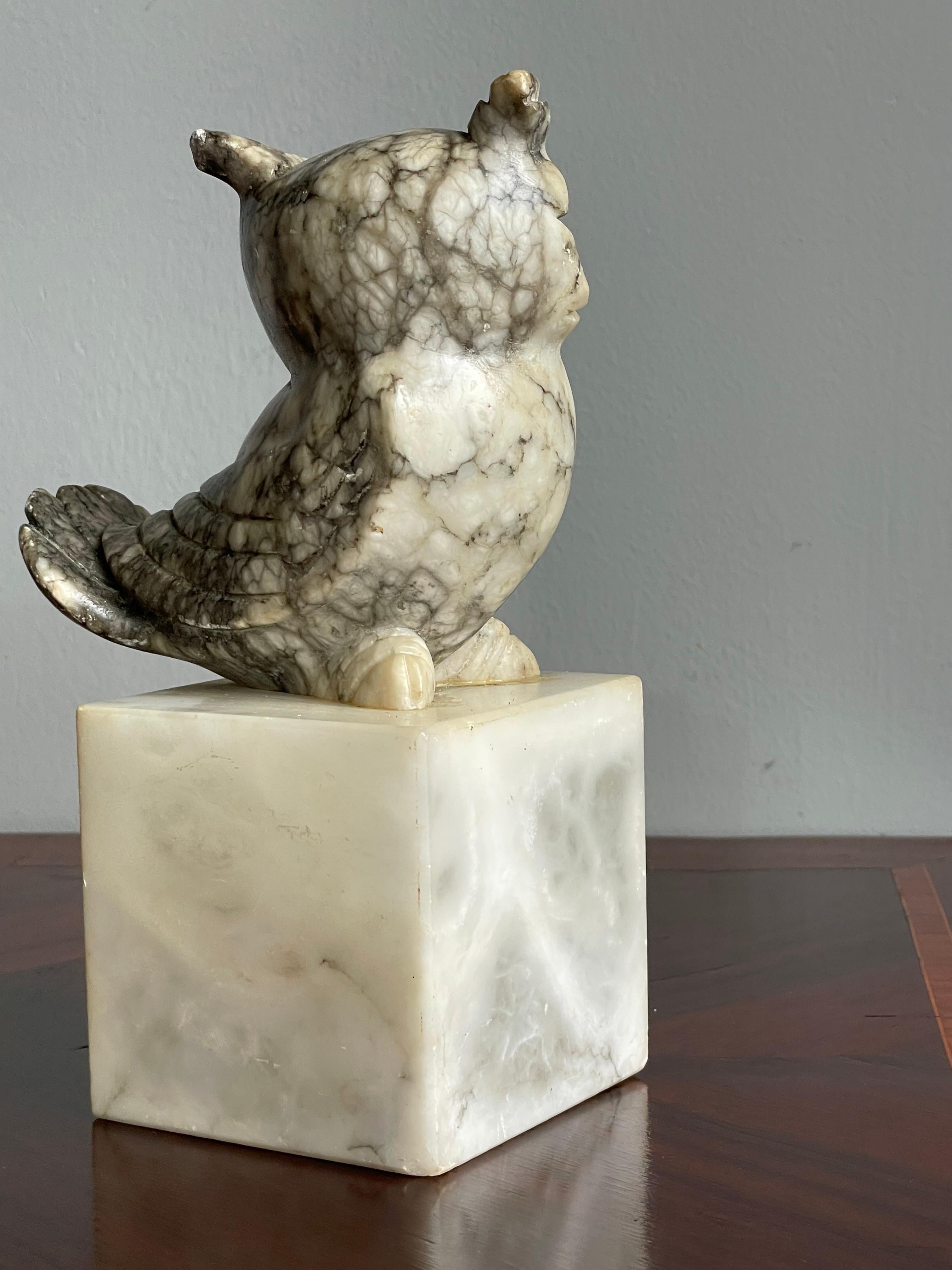 Mid-Century Hand Carved Marble Owl Sculptures with Alabaster Base Bookends 1960s 4