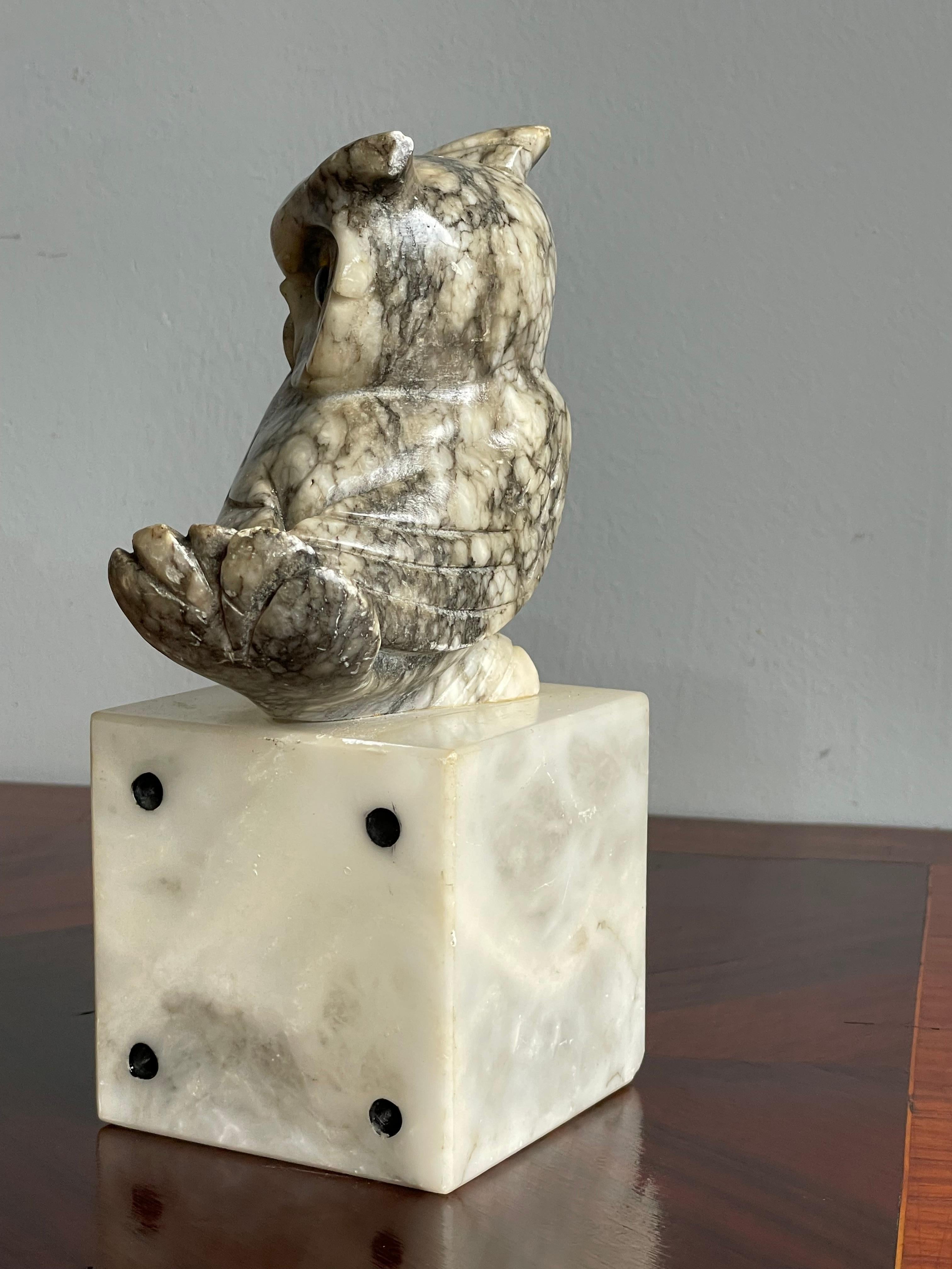 Mid-Century Hand Carved Marble Owl Sculptures with Alabaster Base Bookends 1960s 5